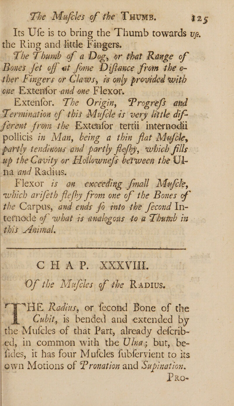 Its Ufe is to bring the ‘Thumb towards vg. the Ring and httle Fingers. The Thumb of a Dog, or that Range of Bones fet off at fome Diftance from the e- ther Fingers or Claws, is only provided with ene Extenfor -and one Flexor. Extenfor. Zhe Origin, Progrefs and Lermination of this Mufcle is very little dif- ferent from the Extenfor tertii internodii pollicis in Man, being a thin flat Mufcle, partly tendinous tind partly flefhy, which fills up the Cavity or EdLollownefs between the Ul- ha and Radius. » Flexor is aw exceeding jJmall Mufck, which arifeth flefhy from one of the Bones of the Carpus, and ends fo ante the fecond In- tetnode of what 1s analogous toa Thumb in this Animal. CHAP. XXXVIIL. Of the Mufcles of the Ravtus. Ree Radius, er fecond Bone of the B Cubit, is bended and extended by | f Pa Mufcles of that Part, already defcrib- ed, in common with the U/na; but,. be- Re it has four Mufeles fublervient to its own Motions of Pronation and Supination. | | | Pro-