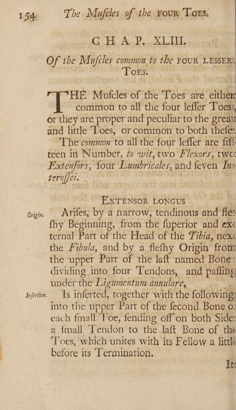 io th A, Pu obibile wiautl of ihe Mufiles common to the FOUR LESSER Tors. ‘HE Mutcles of the Toes are “enue common to all the four leffer Toes: or they are proper and peculiar to the greait and little “Toes, or common to both thefe: “The common to all the four leffer are fiff teen in Number, fo wit, two Flexors, twee Extenfors, four Lumbricales, and feven Ins oe | peu aah LONGus. | origi, Arifes, by a narrow, tendinous and fle fhy Beginning, from the fuperior and ex« ternal Part of the Head of the Tibia, nex« the Fibula, and by a flefhy Origin’ from the upper Part of the laft named Bone: dividing into four Tendons, and pafling under the Ligamentum annulare, | wirton. — Ig inferted, together with the following into the upper Part of the fecond Bone o: each fmall Toe, fending off on both Side: a {mall ‘Tendon to the laft Bone of the Toes, which unites with its Fellow a littl before its “Termination. | : Tet