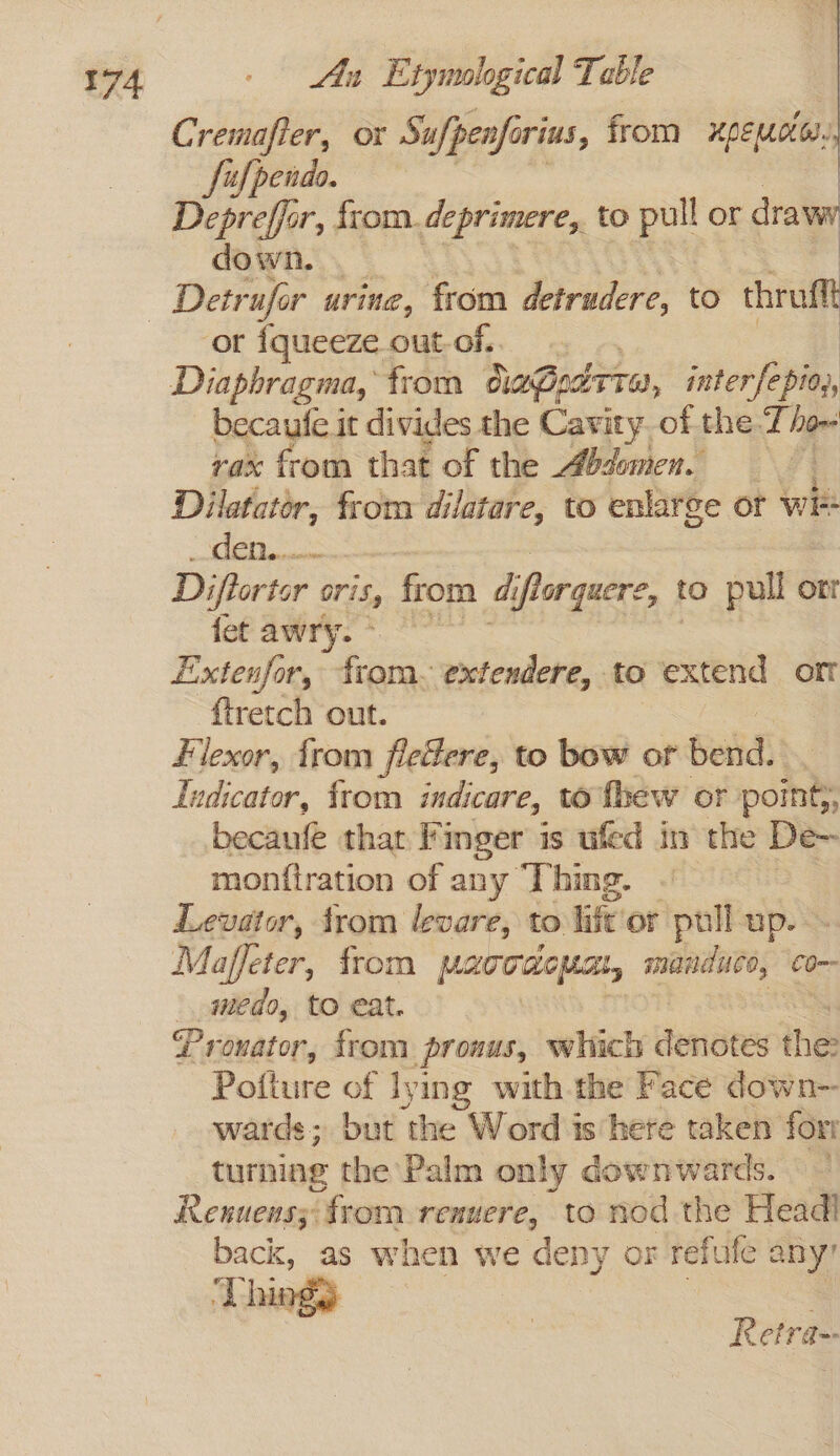 Cremafier, or Sufpenfe orius, from xpe motes. : fufpendo. Depreffor, from. deprimere,. to pull or draww down. or fqueeze out-of... Diaphragma, from daGedrra, inter[epio,, becaufe it divides the Cavity of the.T ho rax from that of the Abdomen Dilatator, from dilatare, to enlarge of WF- Ba eae Diftortor Oris, from ai iftorquere , to pull ort {et awry. | Extenfor, from. extendere, to extend of ftretch out. Flexor, from flefere, to bow or bend. Ludicator, {rom indicare, to fhew or poe becaufe that Finger is ufed in the De- monftration of any Thing. Levator, from levare, to lift or pull up. Maffeter, from paroaepat, manduco, CO-—- \ wiedo, to eat. Pronator, from pronus, which denotes tha Pofture of | ying with the Face down- wards ; but the Word is here taken fori turning the Palm only downwards. — Renuens; from renuere, to nod the Headl back, as when we deny or refufe any’ ‘1 hing Retra--