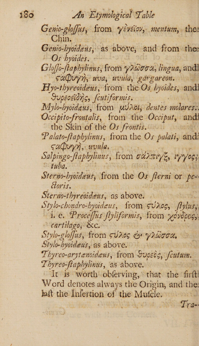 Genio-glofjus, from yeveiov, mentum, thee Chin. . Genio-hyoidens,- as above, and from thee + Os hyoides. : Glofé-ftaphyliius; from yAwora, Hoodiam andl cavyy, uva, uvula, gargareon, Hyo-thyreoideus, from the Os saeecey andi Jupecsionc, feutiformis. Myl-hyoideus, from mUAdl, dentes idan the Skin of the Os frontis.. ‘Palato-ftaphylinus, fromthe Os palati, ye <a uvild, ~~. Salpingo- Saphylinas, from odd ayy Siguba. iO Sterio-hyoideus, from the Os mie? or pes coris. | Sterio-thyrevidens, as abewel Stylo-chondro-hyoideus, ‘from cUAee, Pylusy ~1e. Proceffus fyliformis, from evepoes “cartilage; &amp;c.. Stylo-eloflis from suaog &amp; Vio, Stylo-hyoideus, as above. Thyreo-arytenoidens, from Susets, sfoututns : Thyreo-fraphylinus, ‘as above. it is worth objerving,’ that the fvth Word denotes al ways the Origin, and the: lait the kaliidosi of oe Mute. TD ra=