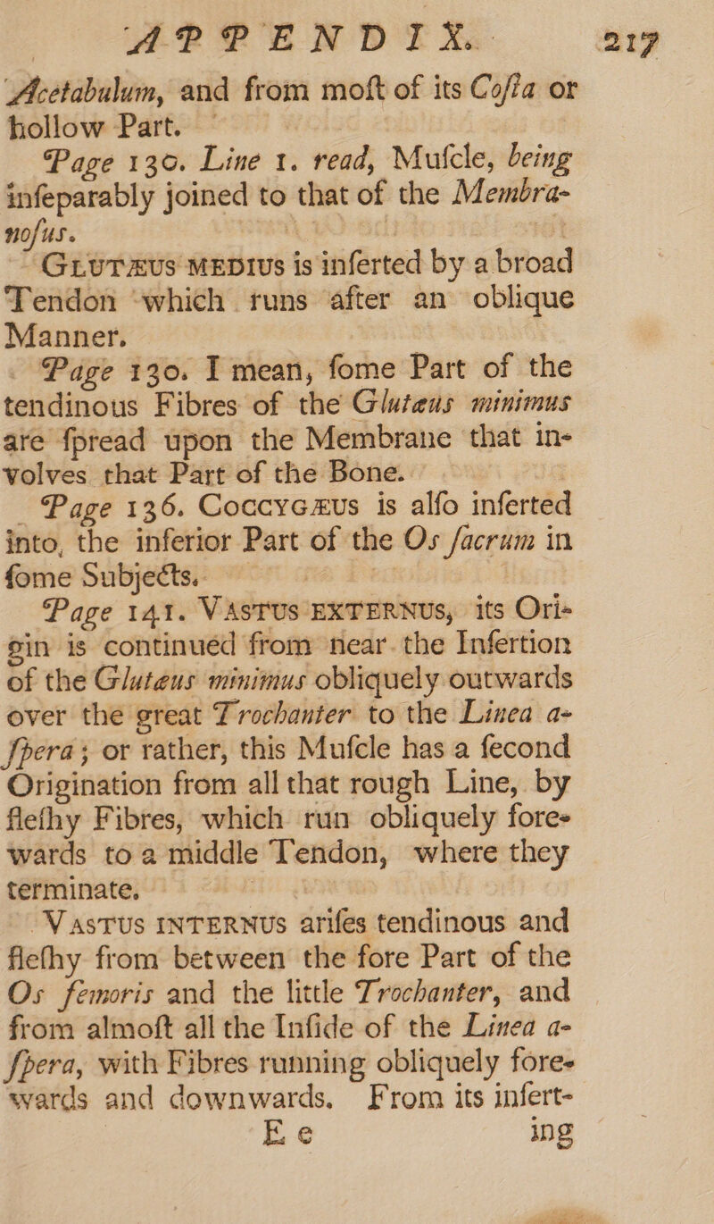 Acetabulum, and from moft of its Coffa or hollow Part. — Wis Page 130. Line 1. read, Mulcle, being infeparably joined to that of the Membra- nofus. ve ele ea ~~ Giuraus MeEpwvs is inferted by a broad Tendon ‘which runs after an oblique Manner. - Page 130. I mean, fome Part of the tendinous Fibres of the Gluteus minimus are fpread upon the Membrane that in- volves that Part of the Bone. : - Page 136. Coccyexus is alfo inferted into, the inferior Part of the Os /acrum in fome Subjects. | Page 141. WASTUS EXTERNUs, its Ori- sin is continued from near. the Infertion of the Gluteus minimus obliquely outwards over the great Trochanter to the Linea a- fpera; or rather, this Mufcle has a fecond Origination from all that rough Line, by flefhy Fibres, which run obliquely fores wards toa middle Tendon, where they terminate. ag -VasTUs INTERNUs arifes tendinous and fiefhy from between the fore Part of the Os femoris and the little Trochanter, and from almoft all the Infide of the Linea a- fpera, with Fibres running obliquely fore- wards and downwards. From its infert- Ee ing