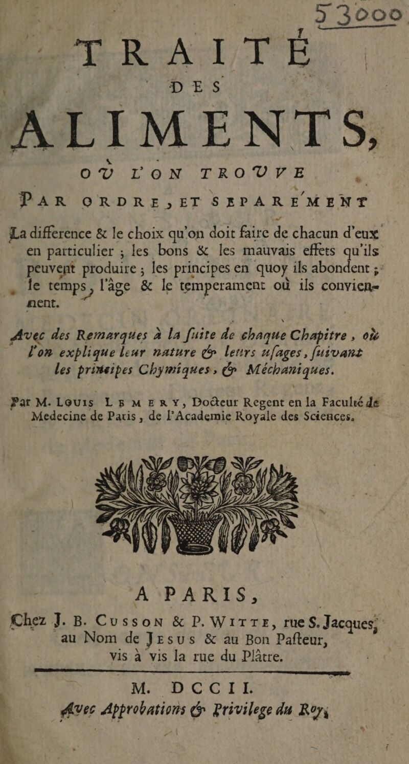 DPDR-A I TE | DES ALIMENTS, À OV: LON TRO'UF'E N PAR ORDRE;ET SEPAREMENT La difference &amp; le choix qu’on doit faire de chacun d’eux en particulier ; les bons &amp; les mauvais effets qu'ils peuvent produire ; les principes en quoy ils abondent ;: Ra | temps, l'âge &amp; le temperament où ils convien= nent. Avec des Remarques à la fuite de chaque Chapitre, où l'on explique leur nature &amp; lenrs ufages, [juivant les primaipes Chymiques, &amp; Méchaniques. Par M. Louis Ls5MERY, Docteur Regent en la Faculté de Medecine de Paris , de lAcademie Royale des Sciences.