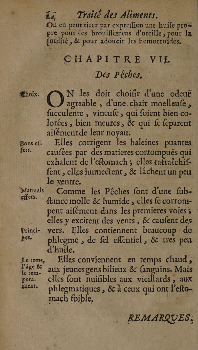 ‘On en peur tirer par exprefhon une huile pro= pre pour les brouiflemens d’oreille, pout 14 furdité, &amp; pour adoucir les hemorroïdes, CHAPITRE VIL Des Péches, Lhoix. | N les doit choifit d’une odeuf agreable , d’une.chair moelleufe , fucculente , vineufe , qui foient bien co- lorées, bien meures, &amp; qui fe feparent aifémentde leur noyau. MESURE Sonsef_ Elles corrigent les haleines puantes fs. caufées par des maticres corrompuës qui exhalent de l'eftomach; elles rafraîchif- {ent , elles humectent , &amp; lächentun peu le ventre. Mauvais : Comme les Pêches font d'une fub- Since molle &amp; humide , elles fe corrom- pent aifément dans les premieres voies; | elles y excirent des vents, &amp; caufent des Princi- vets. Elles contiennent beaucoup de #% phlegme, de fel effentiel, &amp; tres peu d'huile. Dr Letems, Elles conviennent en temps chaud, 18° &amp; aux jeunesgensbilieux &amp; fanguins. Mais era. elles font nuifibles aux vieillards , aux #é+ phlegmatiques , &amp; à ceux qui ont l’efte- mach foible, 1 di” REMARQUES,