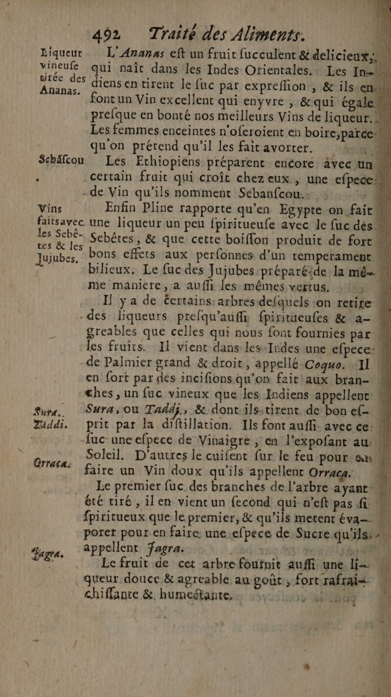 Liqueur L'Aranss eft un fruit fucculent &amp;delicieux,« vireufe qui naît dans les Indes Orientales. Les In. nee diensentirent le fuc pat expreflion , &amp; ils-en… * font un Vin excellent qui enyvre , &amp; qui égale prefque en bonté nos meilleurs Vins de liqueur. Les femmes enceintes n'oferoient en boire;parce qu'on prétend qu'il les fairavorter. 4 4 M Skäfcou Les Echiopiens préparent encore avec un ù certain frait qui croît chez eux , une efpece” -de Vin qu’ils nomment Sebanfcou.- : : Vins Enfin Pline rapporte qu'en Egypte on.fait faitsavec une liqueur un peu lpiritueufe avec. le fuc dés Es Sebères, &amp; que cette boiflon produit de fort Jujubes. bons effets aux perfonnes d’un temperament » bilieux. Le fuc des Jujubes préparéide. la mé- me maniere, a auffi les mêmes vertus, : +, M I] ya de Certains: arbres defquels :on retire -des liqueurs prefqu'’aufli fpiritueufes &amp; a-  greables que celles qui nous font fournies par M les fruits. Il vient dans les-Indes une efpece:1f de Palmier grand &amp; droit, appellé-Coguo. «II : + en fort par des incifions qu’on fait aux bran- ches , un fuc vineux que les Indiens appellent: M Jura. Sura, Où Tadaÿ., &amp; dont:ils:tirent, de bon ef= Ziddi, prit par la diftillation. Ils font auff. avec ce: , fuc uneefpece de Vinaigre , en l’expofant au: ni: Soleil. D'autres le cuifent fur le feu pour ax faire un Vin doux qu'ils appellent Orrags M Le premier fuc. des branches de l’arbre ayant. è été tiré , ilen vientun fecond qui ’eft pas ft fpiritueux que le premier, &amp; qu’ils metent éva porer pour en faire une.efpece de Sucre qu'ils: à appellent Fagra. hd 16ç N81 to if ga. Fe Fe de cet arbrefoufnit auffi une i= queur douce &amp; agreable au goût, fort rafrai= chiffante &amp;. humedtante. 5. di bbe ON 4 Qrraca: