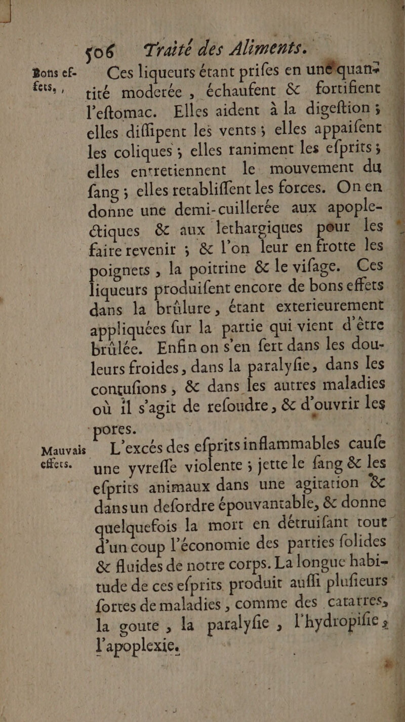 En ef Ces liqueurs étant prifes en unêquan< fs, tiré moderée , échaufent &amp; fortifient M l'eflomac. Elles aident à la digeftion; M elles diflipent les vents; elles appaifent » les coliques ; elles raniment les efprits ; elles entretiennent le mouvement du fang ; elles retabliffent les forces. Onen donne une demi-cuillerée aux apople- ctiques &amp; aux lethargiques peur les faire revenir 3 &amp; l’on leur en frotte les # poignets , la poitrine &amp;c le vifage. Ces 1 liqueurs produifent encore de bonseffets « dans la brûlure, étant exterieurement appliquées fur la partie qui vient d'être ! brûlée. Enfinon s’en fert dans les dou- leurs froides , dans la paralyfe, dans les contufions ; &amp; dans les autres maladies « où il s'agit de refoudre , &amp; d'ouvrir les ‘pores. k QT Mauvais L'excés des ef titsinflammables caufe fers. une yvrefle dla ; jette le fang &amp; les __ efprits animaux dans une agitation &amp; dansun defordre épouvantable, &amp; donne quelquefois la mort en détruifant tout + d’un coup l’économie des parties folides w &amp; fluides de notre corps. La longue habi- tude de ces efprits produit aufli plufieurs forres de maladies , comme des catatres, la goute , la paralyfe , l'hydropifie ; l'apoplexie. |