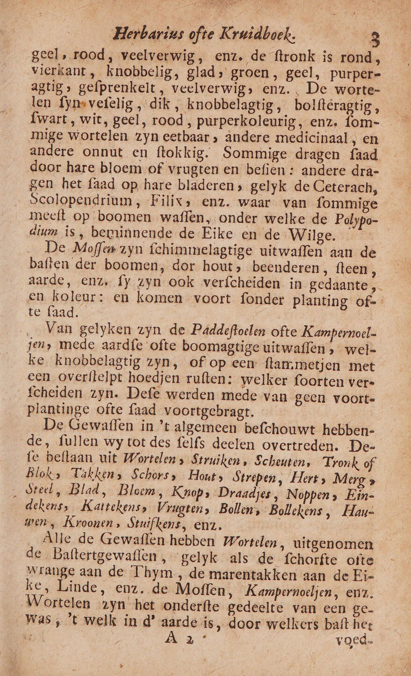 geel, rood, veelverwig, enz. de ftronk is rond, vierkant , knobbelig, glad; groen, geel, purper= agtig» gefprenkelt, veelverwigs enz. , De worte- len {ynsvefelig , dik , knobbelagtig, bolfteragtig, mige wortelen zyn eetbaar» ândere medicinaal, en andere onnut en ftokkig. Sommige dragen faad door hare bloem of vrugten en befien : andere dra- gen het faad op hare bladeren; gelyk de Ceterach, Scolopendrium, Filixs enz. waar van fommige meeft op boomen waffen, onder welke de Polypo- dium is, beminnende de Eike en de Wilge. _ De Moffen zyn fchimmelagtige uitwaffen aan de baften der boomen, dor hout» beenderen, leen, aarde, enz, fy zyn ook verfcheiden in gedaante en koleur: en komen voort fonder planting of= te laad. … Van gelyken zyn de Paddeftoelen ofte Kampernoel jen mede aardfe ‘ofte boomagtige uitwaffen » wel= ke knobbelagtig zyn, of op een ftam.metjen met €en overitelpt hoedjen ruften: welker foorten vers fcheiden zyn. Defe werden mede van geen voorte plantinge ofte {aad voortgebragt. 5 5 De Gewaflen in ’t algerneen befchouwt hebben- de, fullen wy tot des felfs deelen overtreden. De- fe beflaan uit Wortelen, Struiken, Scheuten, Tronk of Blok, Takkens Schors» Houts Strepen, Hert» Merg » Stecl, Blad, Bloem, Knop; Draadjes, Noppen, Ein- dekens, Kattehenss Vrugten, Bollen, Bollekens, Haus wen, Kroonen, Stuifkens, enz. i | _ Àlle de Gewaflen hebben Wortelen, uitgenomen — de Baftertgewaflen ,gelyk als de fchorfte ofte “range aan de T'hym, de marentakken aan de Ei- ke, Linde, enz. de Moffen, Kampernoeljen, enz. Wortelen zyn het onderfte gedeelte van een ge- Was, ’t welk in d’ aarde is, door welkers batt het Oe se Av | voed.