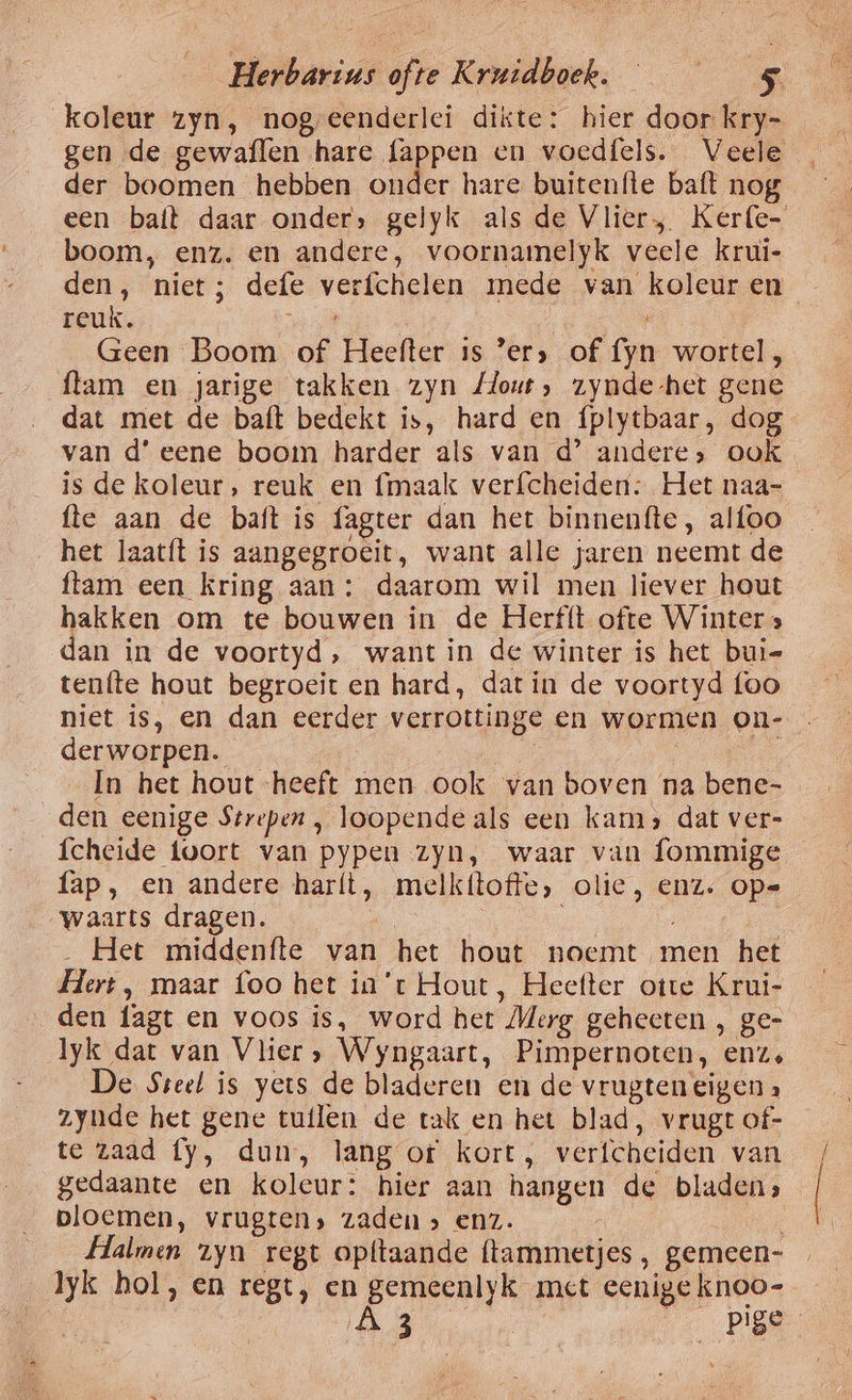 koleur zyn, nog eenderlei dikte: hier door kry- gen de gewaflen hare lappen en voedfels. Veele der boomen hebben onder hare buitenfte baft nog een bafl daar onder» gelyk als de Vlier; Kerfe- boom, enz. en andere, voornamelyk veele krui- den, niet; defe verfchelen mede van koleuren _ reuk. wel eh ' Geen Boom of Heefter is er, of fyn wortel, ftam en jarige takken zyn Mout, zynde-het gene dat met de baft bedekt is, hard en fplytbaar, dog van d’ eene boom harder als van d’ andere; ook is de koleur, reuk en {maak verfcheiden: Het naa- fte aan de baft is fagter dan het binnenfte, alfoo het laatít is aangegroeit, want alle jaren neemt de ftam een kring aan : daarom wil men liever hout hakken om te bouwen in de Herflt ofte Winter » dan in de voortyd, want in de winter is het buie tenfte hout begroeit en hard, dat in de voortyd foo niet is, en dan eerder verrottinge en wormen on- derworpen. | In het hout heeft men ook van boven na bene- den eenige Strepen , loopende als een kams dat ver- fcheide toort van pypen zyn, waar van fommige fap, en andere har{t, melkftofte, olie, enz. ope waarts dragen. ‚6 | _ Het middenfte van het hout noemt men het Hert, maar foo het in't Hout, Heefter otte Krui- den fagt en voos is, word het Merg geheeten , ge- lyk dat van Vlier, Wyngaart, Pimpernoten, enz, De Sreel is yers de bladeren en de vrugten eigen. zynde het gene tutlen de tak en het blad, vrugt of- te zaad fy, dun, lang ot kort, vertcheiden van gedaante en koleur: hier aan hangen de bladen; ploemen, vrugten, zaden &gt; enz. dje Halmen zyn regt opltaande ftammetjes , gemeen- lyk hol, en regt, en gemeenlyk met eenige knoo- | pok pige