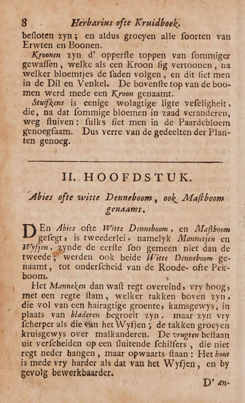 * er Herbarins ofte Kruidboek. befloten zyn; en aldus groeyen alle foorten van Erwten en Boonen. e | „Kroonen zyn d’ opperfte toppen van fommiger’ gewaflen , welke als cen Kroon fig vertoonen, na welker bloemtjes de faden volgen , en dit fiet men in de Dil en Venkel, De bovenfte top van de boo- Stuifkens is eenige wolagtige ligte vefeligheit, die, na dat fommige bloemen in zaad veranderen, weg ftuiven: fulks fiet men in de Paardebloem „genoegfaam. « Dus verre van de gedeelten der Plan- ten genoeg. IN, IL. HOOFDSTUK. Abies ofte witte Denneboom, ook. Maftboom genaamt e En Abies ofte Witte Denneboom , en ZMaftboom gelegt» is tweederleis namelyk Mannetjen en Wyfpen, zynde de eerfte foo gemeen niet dan de tweede ; werden ook beide Witte Denneboom ge- naamt, tot onderfcheid van-de Roode- ofte Pek- boom. ’ Het Manneken dan waft regt overeind, vry hoog» met een regte flam, welker takken boven zyn, die vol van een hairagtige groente, kamsgewys, in plaats van bladeren begroeit zyn, maar zyn vry fcherper als die vân het Wyfjen ; de takken groeyen ) kruisgewys over malkanderen. De vrugten beftaan uit verfcheiden op een fluitende fchilfers , die niet regt neder hangen , maar opwaarts-ftaan : Het hout gevolg bewerkbaarder. he D’ an-