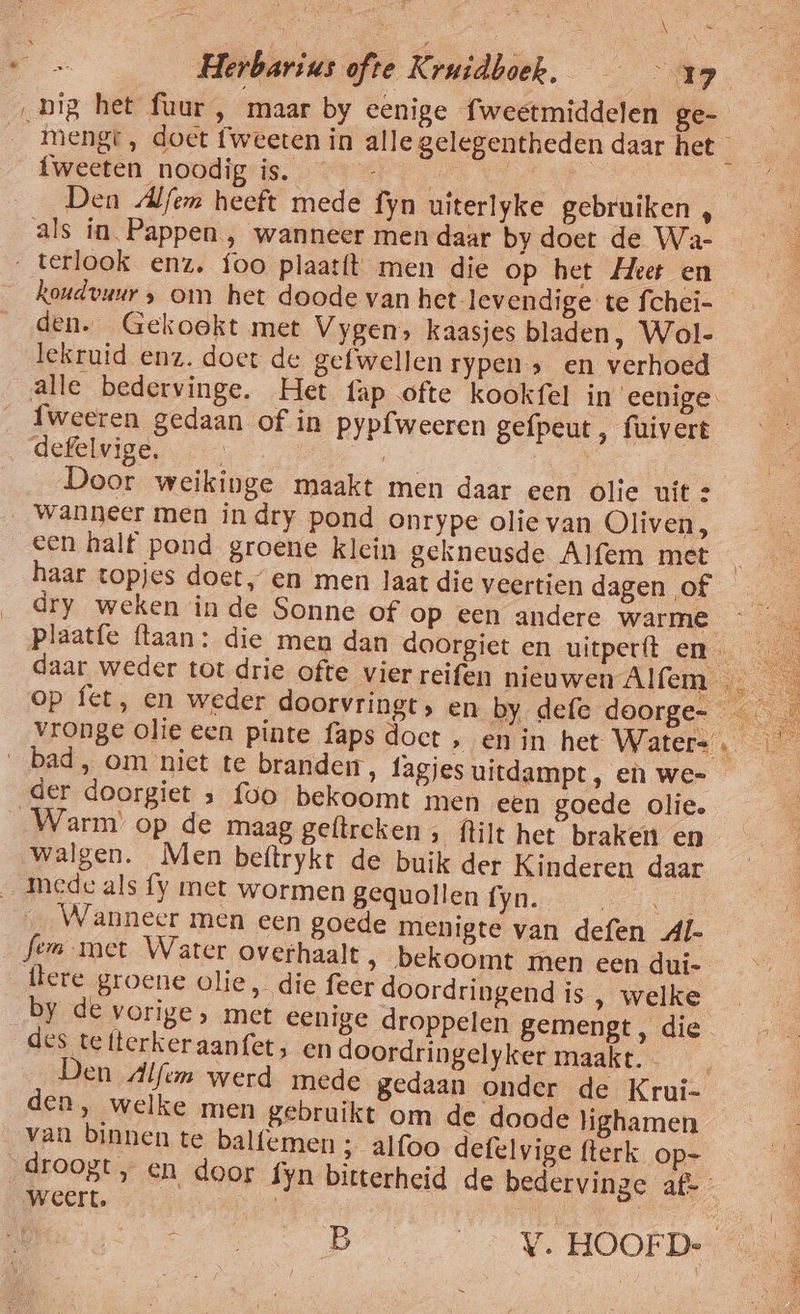 „nig het fuur, maar by eenige fweetmiddelen ge- mengt, doet fweeten in alle gelegentheden daar het fweeten noodig is. bere eh Den Alfem heeft mede fyn uiterlyke gebruiken , als ín Pappen , wanneer men daar by doet de Wa- terlook enz. foo plaatít men die op het Meet en koudvuur ‚ om het doode van het levendige te fchei- den. Gekookt met Vygen, kaasjes bladen, Wol- lekruid enz. doet de gefwellen rypen &gt; en verhoed alle bedervinge. Het fap ofte kookfel in eenige. {weeren gedaan of in pypfweeren gefpeut , fuivert defelwige, …:… Jen | Door weikinge maakt men daar een olie uit : wanneer men in dry pond onrype olie van Oliven, een half pond groene klein gekneusde Alfem met _ haar topjes doet „en men laat die veertien dagen of dry weken in de Sonne of op een andere warme Plaatfe ftaan: die men dan doorgiet en uitperft en daar weder tot drie ofte vier reifen nieuwen Alfem … op fet, en weder doorvringt, en by defe doorge- vronge olie een pinte {aps doet , en in het Waters bad, om niet te branden, fagjes uitdampt , en we- der doorgiet » {oo bekoomt men een goede olie. Warm’ op de maag geftrcken « ftilt het braken en walgen. Men beftrykt de buik der Kinderen daar mede als fy met wormen gequollen fyn. bh Wanneer men een goede menigte van defen Al. fem met Water overhaalt ‚ bekoomt men een dui- ftere groene olie, die feer doordringend is , welke by de vorige, met eenige droppelen gemengt , die des telterkeraanfet, en doordringelyker maakt. Den Alfem werd mede gedaan onder de Kruí- den, welke men gebruikt om de doode lighamen van binnen te balfemen ; alfoo defelvige fterk op- droogt, en door fyn bitterheid de bedervinge aft weert. | k DD __ _V. HOOFD: