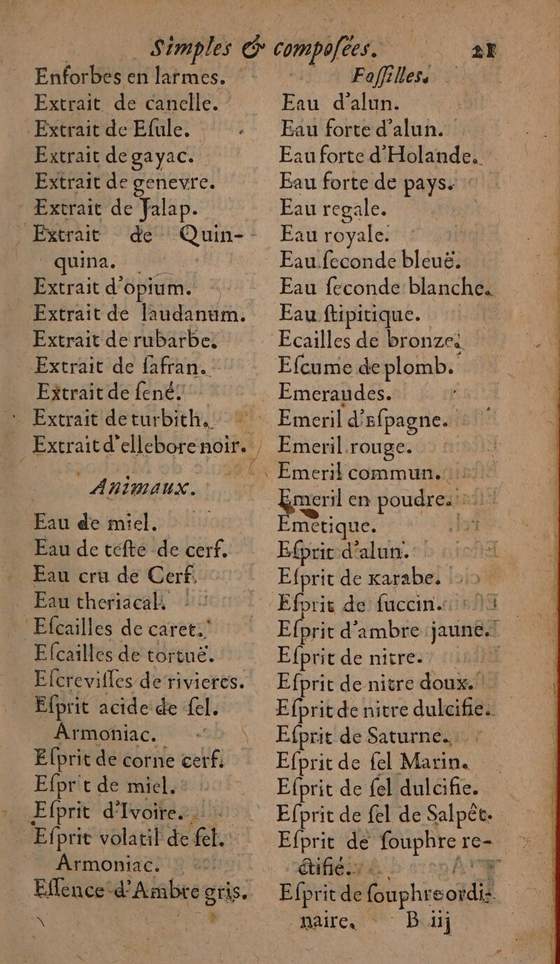 Extrait de canelle. Extrait de Elule, Extrait degayac. Extrait de genevre. Extrait de Falap. _ Extrait de quina. Extrait d’ opium. Extrait de laudanum. Extrait de rubarbe, Extrait de fafran. Extrait de fené; * Extrait deturbith. AHIMAUX. Eau de miel. Eau de tefte de cerf, Eau cru de Cerf. _ Eautheriacal : ! * Efcailles de caret.' Efcailles de tortue. _ Efcrevifles de rivierces. _ Efprit acide de el. Armoniac. Efprit de corne cerf. Efpr t de miel, Efprit d’ ‘Ivoire. Efprit volatil de F4 Armoniac. Eflence d’ Arbre g gris, N } Eau d’alun. Eau forte d'alun. Eau forte d'Holande.. Eau forte de pays. Eau regale. Eau royale. Eau.feconde bleuë. Eau feconde blanche. Eau ftipitique. Ecailles de bronzes Efcume de plomb. Emeril. rouge. Emeril en poudres: fi Emetique. + Efprit d'alun. Efprit de fuccin. Efprit d’ambre jeune. Efprit de nitre. Efprit de nitre doux. Efprit de Saturne. Efprit de fel Marin. Efprit de {el dulcifie. : Efprit de fel de Salpét-. étifie.» Efprit de fouphe cod maires BR 1j