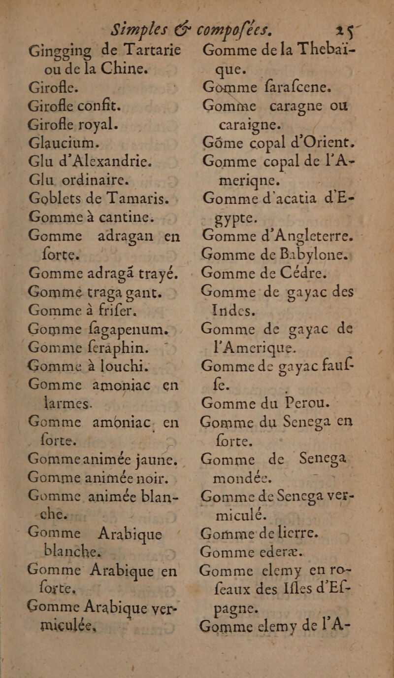 Gingging de Tartarie ou de la Chine. Girofle. Girofle confit. Girofle royal. Glaucium. Glu d'Alexandrie. Glu ordinaire. Goblets de Tamaris. Gomme à cantine. Gomme adragan en forte. Gomme adragä trayé. Gomme traga gant. Gomme à frifer. Gomme fagapenum. Gomme feraphin. Gomme à louchi. larmes. Gomme amonmiac. en . forte. j Gomme animée noir. Gomme animée blan- blanche. | Gomme Arabique en forte. mic ulée s Gomme de la Thebaï- ue. Gomme farafcene. Gomme caragne où caraigne. Gôme copal d'Orient. Gomme copal de l'A- meriqne. | Gomme d'acatia dE- gypte. Gomme de Babylone: Gomme de Cédre. Gomme de gayac des Indes. Gomme de gayac de l'Amerique. Gomme de gayac fau fe. | Gomme du Perou. Gomme du Senega en forte. Gomme de Senega mondée. 2 Gomme de Sencga ver- miculé. Gomme delierre. Gomme ederæ. Gomme elemy en ro- feaux des Ifles d'Ef- agne. Gomme elemy de l’A-