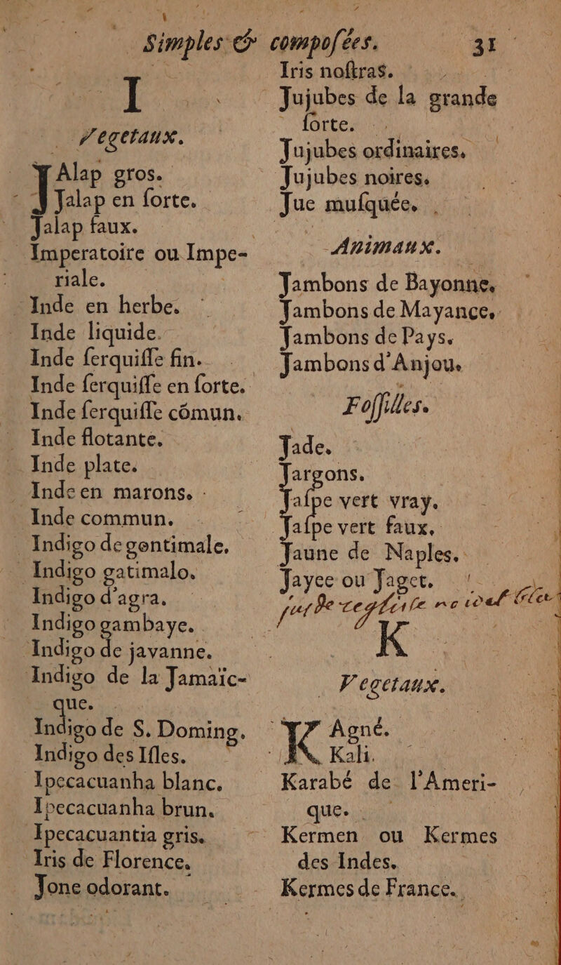 LÉ À V'egttanx. YAlap gros. S 1 Jalap en forte. Jalap faux. riale. | - Inde en herbe, Inde liquide. Inde ferquiffe fin. Inde ferquifle cômun. Inde plate. Indcen marons. : Inde commun. _ Indigo decentimale, : Indigo gatimalo. Indigo d'agra. Indigo gambaye. Indigo de javanne. Indigo de la Jamaïc- LTÉE ie de S, Doming. Indigo des Ifles. Ipecacuanha blanc. Ibecacuanha brun. Fpecacuantia gris. Iris de Florence. Jone odorant. Iris noftras. fortes Jujubes ordinaires, ANIMAUX. Jambons de Bayonne, Fambons de Pays. Jambonsd'Anjou. Foffiles. Jade. argons. Le vert vraÿ. vi vert faux. Jaune de Naples. Jayce ou Jager. K mar CgCtaux. que. . Kermen ou Kermes des Indes. {