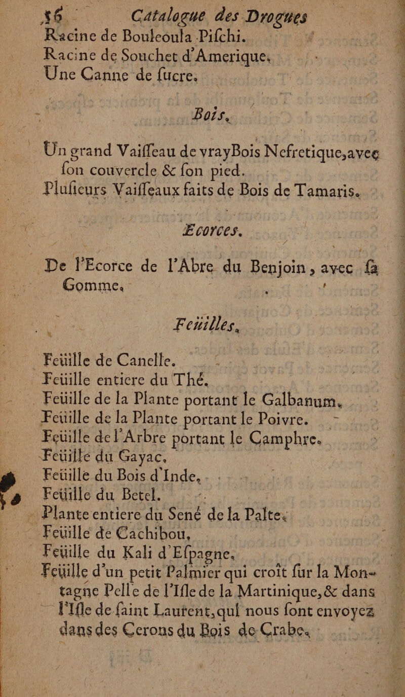 #6. Catalogue des Drogwes Racine de Bouleoula Pifchi. Racine de Souchet d'Amerique. Une Canne de fucre. Y ’ Bots, fon couvercle &amp; fon pied. Plufieurs Vaiffeaux faits de Bois de Tamaris. Æcorces. _ De lEcorce de l’Abre du Benjoin, avec {à Gomme. : ÿ ct Feuilles. Feüille de Canelle. _ Feüille entiere du Thé. - Feüille de la Plante portant le Galbanum. Fcüille de la Plante portant le Poivre. =. Fçüille de l'Arbre portant le Camphre. _ Feüilke du Gayac, Feuille du Bois d'Inde, # Feuille du Betel. | - _ Planteentiere du Sené dela Palte: Feüille de Cachibou, Feüille du Kali d'Efpagne, Feüille d'un petit Palmier qui croît fur la Mon- 1e tagne Pelle de l’Ifle de la Martinique, &amp; dans — Île de faint Lautent,qui nous font envoyez dans des Cerons du Bois de Crabe. de tone dre RON ES D