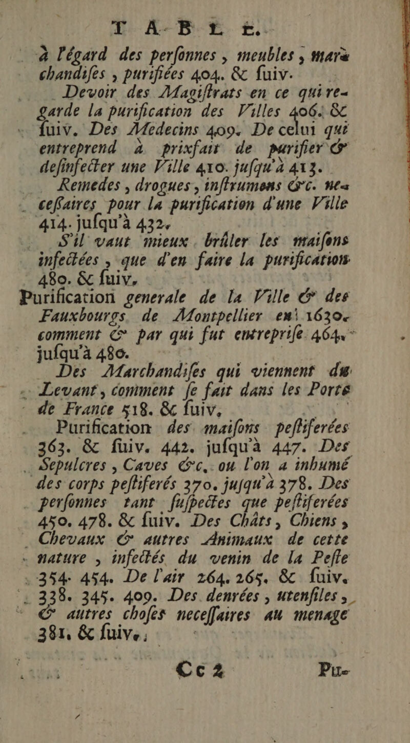 nr A. B L Li: . à l'égard des perfonnes , meubles ; mare chandifes , purifiées 404. &amp; fuiv. Devoir des Magiftrats en ce quire- garde la purification des Villes 406: êC .… fuiv. Des Medecins 409: De celui qué entreprend à prixfa de purifier &amp; definfecter une Ville 410. jufqu'à 413. Remedes , drogues, inffrumens GG. ht« . ceffaires pour la purification d'une Ville 414. jufqu'à 422, | S'il vaut mieux. brûler les mraifons infeitées , que d'en faire La purification 480. &amp; fuiv, Purification generale de la Ville &amp; des Fauxbourgs. de ÂAontpellier en 1630. comment C par qui fur entreprile. 464 * jufqu'à 486 Des Marchandifes qui viennent du - Levant, comment fe fait dans les Porté - de France 518. &amp; fuiv. NN .. Purification des Lara peffiferées 363. &amp; fuiv. 442. jufqu'à 447. Des … Sepulcres , Caves &amp;c,. ou l'on 4 inhumé des corps pefliferés 370. jujqu’a 378. Des . perfonnes tant fujpeëtes que pefliferées 450, 478. &amp; fuiv. Des Chârs, Chiens, Chevaux C° autres Animaux de cette . nature , infectés du venin de la Pefle . 354 454. De l'air 264. 265. &amp; fuiv. . 338. 345. 409. Des. denrées , utenfiles; - © autres chofes neceffaires au menage 381, &amp; fuiv. ; | Cc2z Pu-