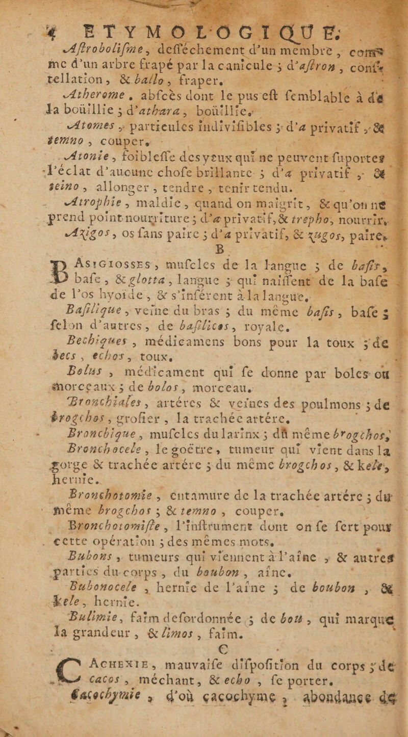 TE Afet ai. mce d’un arbre frap ris A aa aftro. tellation, & ba + fraper. ee RE «Athereme , pi cès dont le pus ft femblabté Ja boüillie ; d’athara , boüillies. É Atomes par tieules indivifibles ; sla Bi #emno , coûpers - de e .Atonie, foibleffe des yeux ga ne pe 1 ent faport -Féclat d'aucune chofe brillante 3 d'a privatif y seino, allonger , tendre y tenir tendues à - Atrophie, ”maldie, uand on maigrir, &i prend pointnourriture Me privatif, & pes We i | “AN80T» os fans paire ; gi a Gi | t#0s pair AsıGrossES, mufcles ae la langue 3 ; de bafis B bafe, Rene langue ÿ qui naiffent c Le la bafe de los ma de, &s inet e àla langue, Bafilique , veine du bras ; du même bafis à bales felon d'antres, de baflices, royale. Bechiques , médicamens bons pour la toux sde ecs , echos, toux. à Bolus , médicament qui fe donne par boles où | Æhorceaux ; de bolos, morceau. È hernie. Bronchotomie , > Cntamure de la trachée artére 5 def | : Même brogchos ; &temno , couper. i Bronchoiomifte “Hi inftrument dont onfe fert pour à È |. cette opération ; des mêmes mots. À Bubons ;. tumeurs qui viennent à Paine- y & autres | parties ducorps, du baubon, ainc. Bubonocele , hernie de l’aîne ; de bonbon , a. kele, hernie. Bulimie, faim defordonnée ; de bo, qui vague | a grandeur , & limos , faim. % | € À \ ACHEXIE, mauvaife bo ubA du corps; yd sA cacos, méchant, &echo , fe porter. Easochymie > d'où çaçochyme , abondance.
