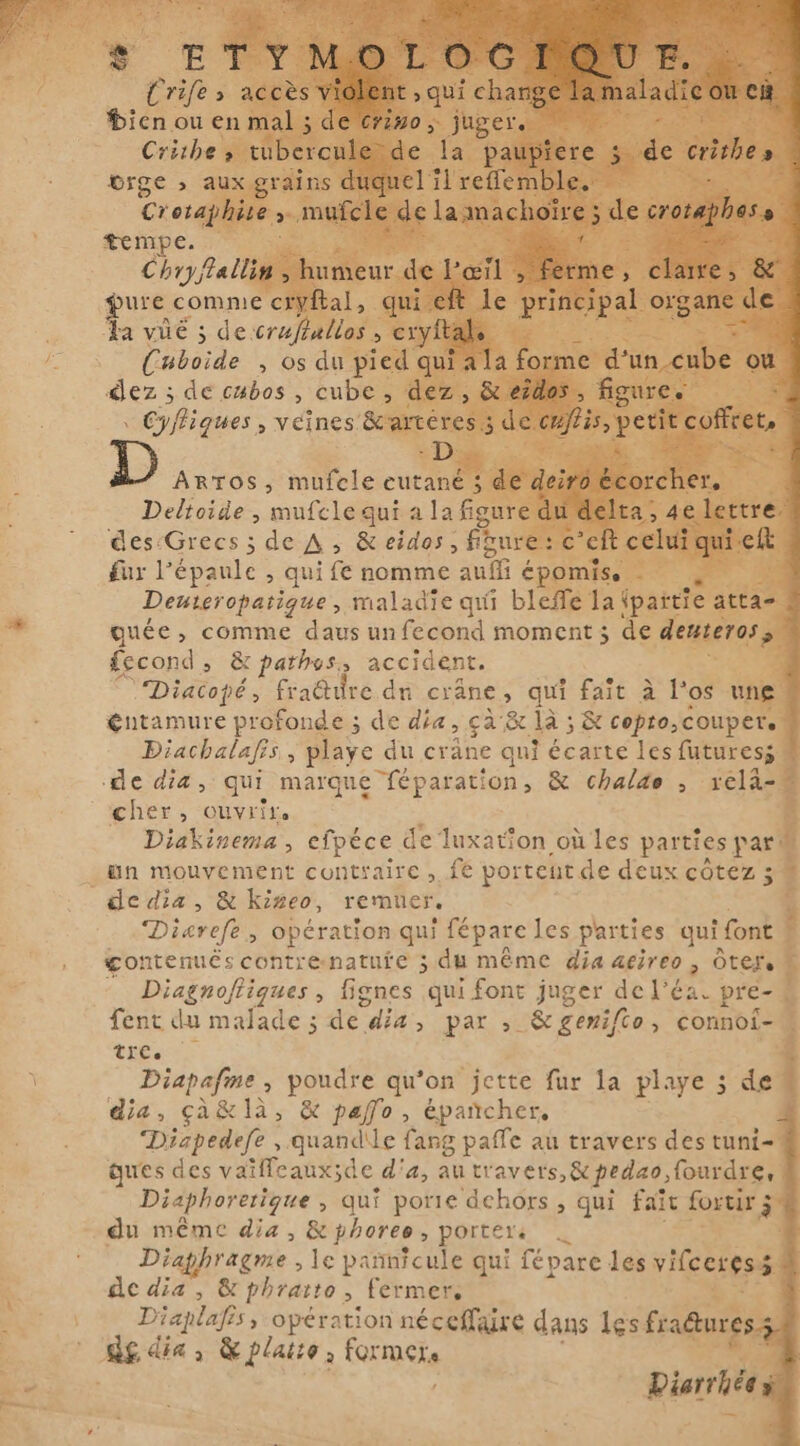 $ ETYMOLOG [ Crife &gt; accès violent , qui change ien ou en mal ; de criso, juger. am Crithe, tubercule: de la paupiere 5 k crithe s wrge ; aux grains duquel il reffemble. Cretaphise : » mufcle de la machoïre ; KE croraphass 4 tempe. Fe Chryflallin , humeur de l'œil , Tame ; clatres &amp; pr comme cryftal, qui eft le principal organe de a ve ; de. craft tia 3 cryftals $ (uboide , os du pied qui ala forme d'un, che ou dez ; de cubos , cube, dez, &amp; eidos , figure. CEyfiques, véines &amp;rartéress; de enjis, petit coffrets D ArTos, mufcle cutané ; de deiro Mer, Deltoide , mufcle qui a la figure du delta, 4e lettre. des:Grecs ; de A, &amp; eidos, fbure : c’eit celui qui ef fur l'épaule , qui fe nomme ‘auf épomis. - L Deuteropatique , maladie qui bleffe la! partie atta- à quée, comme daus un fecond moment ; de denteross fecond &gt; &amp; pathos, accident. 4 Diacopé, fra&amp;ire dn crâne, qui fait à l'os une éntamure profonde ; de dia, çà &amp; là ; &amp; copro,couper. Diachalafis ; playe du crane qui écarte les futuress de dia, qui marque féparation, &amp; chalde , relå- cher, ouvrir. | Diakinema , efpéce de luxation où les parties par! un mouvement contraire , fe portent de deux côtez s de dia, &amp; kiseo, remuer. Dixrefe, opération qui fépare les parties qui font | gontenués contrenatuie ; ; du même dia aéireo , ôter, Dante &gt; fignes qui font juger de l’éa. pre- Tent du malade ; A dix &gt; par &gt;» &amp;genifto, connot- TICe Í Diapafme , poudre qu'on jette fur la playe ; de dia, ça&amp;là, &amp; pafo, épañcher. ğ Dispedefe , quandile fang paffe au travers des tuni-# ques des vaiffeaux;de d'a, a travers, &amp;pedao, fourdre, # Diaphorerique » qui porie dehors , qui fait fortir 3 ê du même dia, &amp; phoree, porter: 4 ; Diaphragme , le pañmicule qui fépare les vifceress i dc dia, &amp; phrarto, fermer. Diaplafis » opération néceffaire dans les FC maladie 3 et ged dia 3 &amp; platio 2 formers