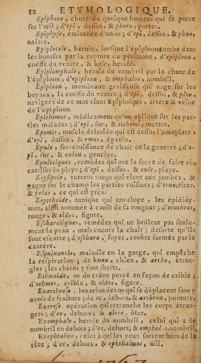 Epirin. é: naftres Lo Epiplocele , les bourfes par laj rupture Bey coffe du ventre, &amp; ke es herois aies Epiplomphate, hernie du sea par la chute: de l'épiploon, d? epiploon &gt;&lt; 8 omphalos &gt; nombril. Epiploon ; membrane graifleufe qui nage- “far les boyaux» la coëffe du venteg 3 defis, &amp; pleo sA navigeer: de ce mot vient Bpiploïque : à P à veine de} pipluon. dé Epithermes ; PRE. qu'on. ties malades ; d’epi s fur, &amp; tichem: Epomis , mufcle deltoide qui eft dela l'omoplate » depi, deflus, &amp;owos, épaule, RE Epule ; fur-croiffance de chair enla gencive; g’ e- , pis (ur, &amp; oulon ; gencive, Epulotiques ,remédes qui ont la force de faire et. catriler la playe; d'epi, deffus, &amp; oule, playe. Eryfipele, tumeur ronge qui vient atix jambes, &amp; à gagne fur le champ ] les parties voifines; d’ ETHetIrers &amp; belas &gt; ce qui elt pres. Erytrhoide, tunique qui envelope ; les épididy= mes, aifi nommée à caufe de fa rongeur ; d’erthross! rouge &amp; eidos, figure. Éfcharotiques, rente) qui ne brülent pas feule-. ment la peau s mais encore la chair ; ; deforte qu'ils! font efcarre ; d'efthara ,' foyer, croûte formée par le gautére. $ ` Efquinancies maladie en la gorge, qui empêche. la refpiration ; de kysz» chien, &amp; archo, étran- gler 5 les chiens y font fujets. Ethmoide, os du crane percé en façon de crible 1 d'ethmos, crible, &amp; eidos» figure. Exarthrofe , luxation des os qui fe déplacent: fans # avoirde fracture ; de ec» dehors, &amp;arrhron, jointure ee. Exerefe. opération quiretranche les corps étrans ers; d’ecs dehors, &amp; aireo, Otets | A Exomphale, hernie du nombril, celni quia le nombril en dehors ; d’ KA dehors; &amp;omphal, snombri | Exophraline, celui à quiles veux fortenthors de tête; d’ecs gehore &gt;, &amp; ophthalmos , œil,