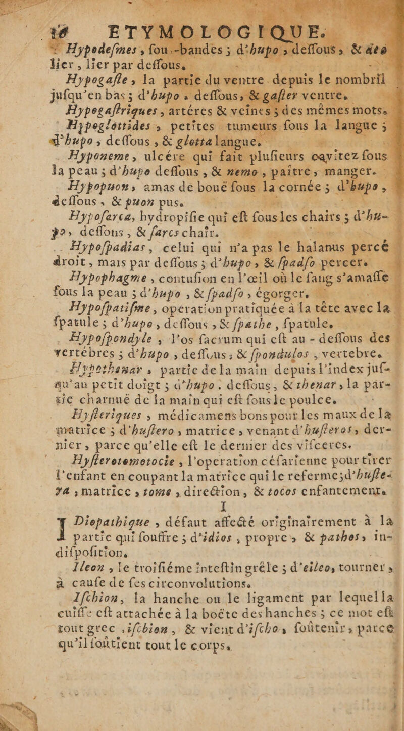 Hypodefnes, { lier, lier par def Hypogafle, la Hypopuon:; amas de boué fou c 3 dceffous, &amp; puon puse vis Fe HS TS MER CE Hypoferca, hydropifie qui eft fous les chairs ; dha- 2?» deffons , &amp; farcschaîr. = Meet ide 0 .- Hypolbadias, celui qui ma pas le halanus percé droit, mais par deffous ; d’hupos &amp; /hadfo es E Hypophagme , contufion en œil où le fang s’amaffe fous la peau 5 d’hupo , &amp; fpadfo ; égorger, ERE Hypofpatifme , opération pratiquée à la tête avec la fpatule ; d’hupo, deffous , &amp; fpathe, fpatules — — — &lt; . Hypofþondyle , Vos facrum qui eft au - deffous des vertébres ; d’hupo , deffuus ; &amp; fpondulos „vertebre. Hypothamar » partie dela main depuis l'index juf- « qu'au petit doigt ; d’hapo. deffous, &amp;thenar , la pare tie charnuë de ia main qui eft fous le poulce, 34 Eyfleriques ; médicamens bons pour les maux de la matrice; d'haflero ; matrice ; venant d’hwfferos, der- nier, parce qu’elle ef le dernier des vifceres. ` Hyflerotemotocie , operation céfarienne pour tirer l'enfant en coupant la matrice qui le referme;d’ hyfed ya ; matrice » tome ,» direétion, &amp; tocos cnfantements I ] Diepathique , défaut affe&amp;é originaïrement à la. partie qui fouffre ; d'édios , propres &amp; pathos, in- difpofition, Ileon , le troifiéme inteftin grêle ; d’eileo, tourner s à caufe de fes circonvolutions. t ZTfthion, la hanche ou le ligament par lequella cuiffe eft attachée à la boëte deshanches ; ce mot eft tout grec ifcbion , &amp; vient d’ifthos foûtenir, parces qu’ilfolitient tout le COfPSa S 7 1 Le l y -s omi es