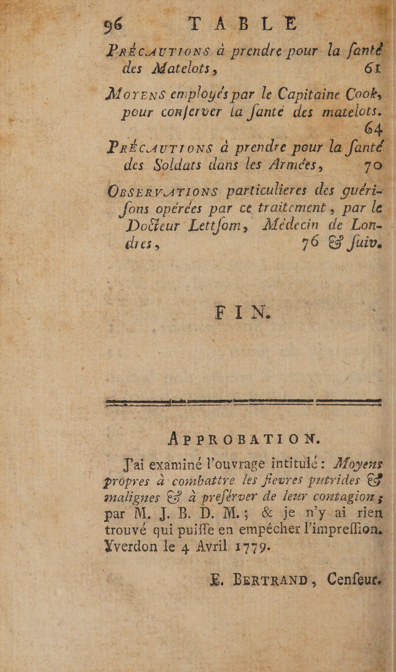 da Le Fi, { Er ne TABLE “ PrécauTions à prendre pour. Fa _fèn des Matelots, Morens employés par le Capitéie an | dis pour conferver la fanté des re Précaurrons à prendre pour la Santé 4 des Soldats dans les Armées, 7e Phd Ovser VATIONS particulieres des guéri | Jons opérées par ce traitement, par le. Docteur Lettfom, Médecin L Lon.. dires, 76 € Juin. | Ho Be ue nm rmmremenmrarenn Losrorspmnrmenerlennret APPROBATION. Jai examiné l’ouvrage intitulc: ÆAMoyezs | Drôpres à combattre les fieures putrides €9n. malignes €? à preferver de leur contagion g | par M..]:B: D. Ms. @ Je.nysai de) trouvé qui puifle en empêcher l'impreffions Yverdon le 4 Avril 1779. | 4 E. BERTRAND, Cenfeur
