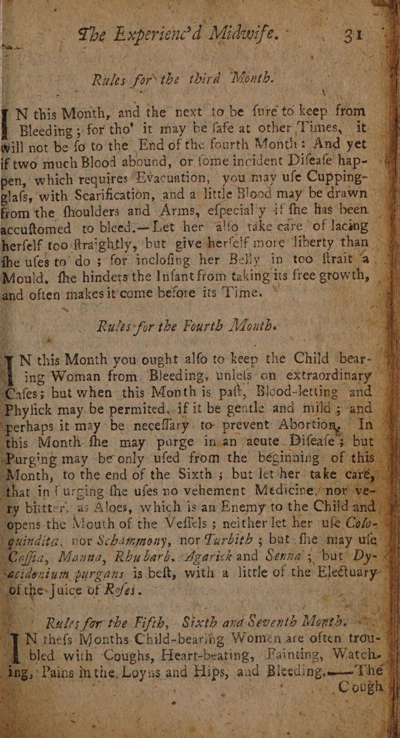 ah be Raprend Mie Rules pn the third ‘Monte -N this Month, ‘and the next to be fure to keep fom : | Bleeding ; for tho’ it may be fafe at other ‘Times, it. will not be fo to the End of the fourth Month: : And yet ‘€ two much Blood abound, or {ome incident Difeafe hap- pen, which requires Evacuation, you may ufe Cupping~ | lafs, with Scarification, and a little Blo lood may be drawn fom the fhoulders and Arms, ee y if the las been. accuftomed to bleed.—Let her alfo Sie eare of lacing herfelf too: Rtraightly, ‘but give ers felf more liberty than fhe ufes to do ; for inclofing her Belly in too trait @. Mould, the hindets the Infant from taking its free growth nd often makes i it’ come before its Time. ¥ 4 : Rules:for the Fourth Months ‘ he ne + ; FN this Month you auaht alfo to keep t he Child teas “| ing Woman from. Bleeding, unlels on éxtraordinary ‘Cafes; but when this Month j is pat, Blood- letting d hylick may. be permited, if it be gentle and mild ; 5 and. “perhaps it may be neceflary. to prevent Abortion, his Month fhe may parge in an acute. Difeafes Purging may be only ufed from the ‘beginning of th Month, to the end of the Sixth ; but let her take ca hat. in f urging fhe ufes no vchement Medicine,’ ty bittter, as Aloss, which is an Enemy to the Cc “opens the Mouth of the Veflels ; neither let her» ‘guindita, nor Schammony, nor Turbith bat: fhe ma affia, Manna, Rhubarb, Agarick and Senna; 5, but D widenium purgans is.belt, with a little of the “Elegtu ry he-Juice of Rees : Rules for rhe Fifth, Shep and Spyies Mont thefs Months Child-bearing Women are often’ tro bled with Coughs, Heart-beating, Fainting, Watct , Pains in the. sedi ate Hips, a and eine Th if x ee de \ > f