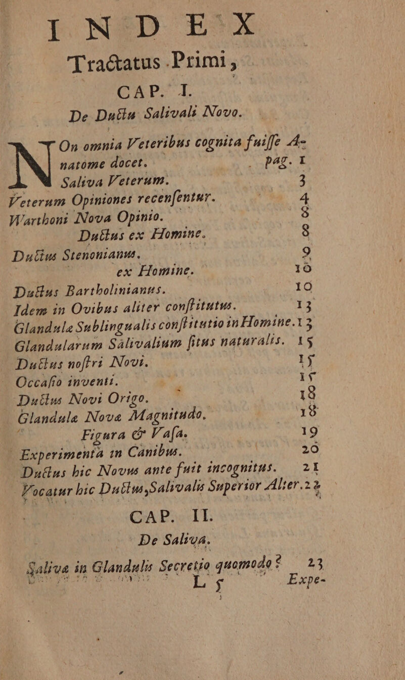 I ND E'X T ra&amp;atus .Primi : CAP. De Dutla Salivals Novo. On omnia Veteribus coguita fuiffe A- natome docet. | pag. I À. Wi Saliva 'eterum. j Veterum Opiniones recen[entur. 4 Wartboni [Nova Opinio. — 9 | Dutlus ex Homine. 8 Dutius Stenonianus. ao 9 pp A ex Homine. 16 Dus&amp;us Bartbolinianus. 10 Idem in Ovibus aliter conflitutus. I Glandula Sublingualis con[Htutio in Homine.3 Glandularum Salivalium fitus naturalis. 15 Dutius noflri Novi. j — Occafto inventi. bt. ij Duilu Novi Origo.  19 Glandula INova Maguitudo, 18 4 Figura C V a[a. Nes Fs] Experimenta in Canibus. | 20 Du&amp;ns bic INovws ante fuit incognitus. — 21 'ocatur bic Duilw$alivalu Superior Alter.22 CAP: IE —- De Saliva. galiva in Glanduli: Secretjo quomodo? — 23 is $ - i6» uet ry oy 2 $ : -i Expe-