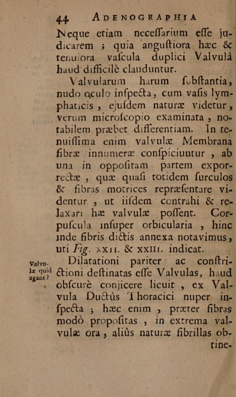 Neque etiam neceffarium effe ju-. dicarem ; quia anguíliora hzc &amp; tenuiora vafcula duplici Valvulà. haud difficilé clauduntur. | Valvularum | harum fobftantia, nudo oculo infpe&amp;ta, cum vafis lym- phaticis ,, ejufdem nature videtur, verum microfcop:o examinata , no- tabilem. praebet differentiam. In te- nuiffima enim valvulz Membrana fibre innumerz confpiciuntur , ab una in oppofitam partem expor- rece , quz quafi totidem furculos &amp; fibras motrices reprafentare. vi- dentur , ut nídem contrahi &amp; re- laxari he valvulz poffent. | Cor- pufcu!la infuper orbicularia , hinc inde fibris dictis annexa notavimus; uti Fzg. xxir. &amp; xxii. indicat. ' Dilatationi pariter ac confítri- &amp;ioni deftinatas effe Valvulas, haud obícuré conjicere. licuit ,' ex Val- vula Du&amp;üs 'lhoracici nuper in- fpecta ; haec enim , prater fibras vule ora; aliüs natura fibrillas ob- tine«