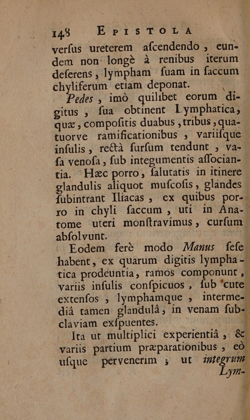 (449 EPr:STOLA verfus ureterem | afcendendo ;. eune dem non longe à renibus iterum deferens , lympham | fuam in faccum chyliferum etiam deponat. Pedes , imó quilibet eorum di- - gitus , fua obtinent I ymphatica; qua , compofitis duabus , tribus ; qua- tuorve ramificationibus , variifque- infulis , rectà furfum tendunt , va- - fa venofa , fub integumentis affocian- tia. Hsc porro, falutatis in itinere glandulis aliquot mufcofis , glandes fubintrant lliacas , ex quibus por-. ro in chyli faccum , uti in Ana- tome uteri monítravimus , curfum | abfolvunt. | A Eodem feré modo Maezus fefe. habent, ex quarum digitis lympha -- tica prodéuntia, ramos componunt , ' variis infulis confpicuos , fub *cute. extenfos ; lymphamque , interme-: dià tamen. glandulà, in venam fub- claviam exífpuentes. ii Ita ut multiplici experientiá ,- &amp; varis partium przparationibus ; eó ufque pervenerim ;, ut integrum. Lym-.