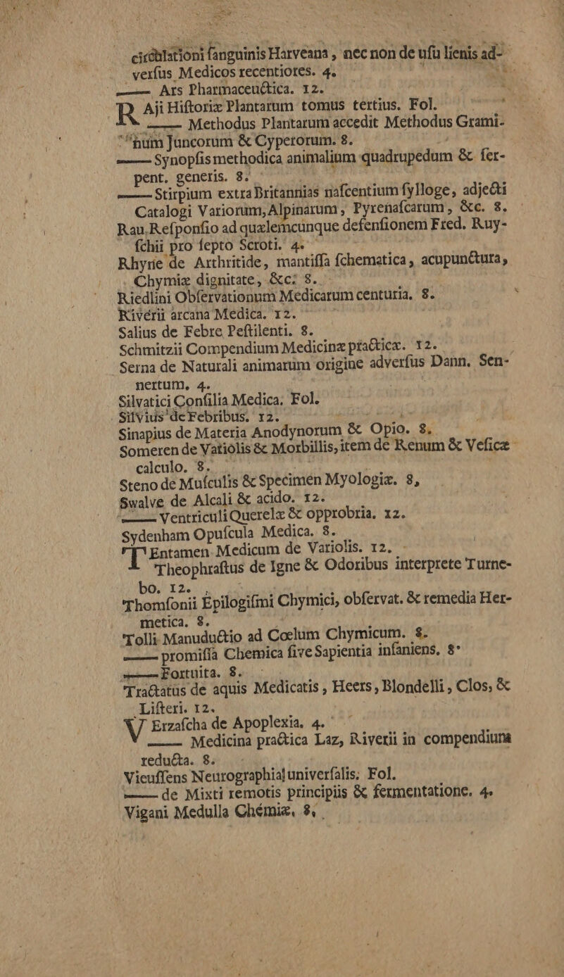 pus cicibtationi fanguinis Harveana , nec non de ufü líenis ad- - verfus Medicos recentiotes. 4. ! EL ——— Ars Pharmaceuctica. 12. : R 4i Hiftoriz Plantarum tomus tertius. Fol. : * ——— Methodus Plantarum accedit Methodus Grami- ^ntum Juncorum &amp; Cyperorum. 8. —— Synopfis methodica animalium quadrupedum &amp; fer- pent. generis. 8. - —— Stirpium extraDritannias nafcentium fylloge, adje&amp;ti Catalogi Variorum, Alpinarum , Pvreünafcarum, &amp;c. 8. Rau. Refponfio ad quxlemcünque defenfionem Fred. Ruy- fchii pro fepto Scroti. 4. Rhyre de Arthritide, mantiffa fchematica, acupun&amp;uta; Chymiz dignitate, &amp;c:; 8. - Riedlini Obfervationnm Medicarum centuria, 8. s Kiverii arcana Medica. 12. ; Salius de Febre Peftilenti. 8. Schmitzii Compendium Medicinz pra&amp;ticx. 12. Serna de Naturali animarum origine adverfus Dann. Sen- nertum, 4. Silvatici Confilia Medica, Fol. Silvius deFebribus. 12. : T Sinapius de Materia Anodynorum &amp; Opio. 8, Someren de Vatiólis &amp; Morbillis,item de Renum &amp; Vefic calculo. 9. — j Steno de Mufculis &amp; Specimen Myologiz. 8, Swalve de Alcali &amp; acido. 12. — — Ventriculi Querelz &amp; opprobria. 12. Sydenham Opufcula Medica. 8. r[ Entsmen Medicum de Variolis. 12, - 'Theophraftus de Igne &amp; Odoribus interprete Turne- bo. 12. . 'Thomfonii Epilogifmi Chymici, obfervat. &amp; remedia Her- metica. 8. 'Tolli Manudu&amp;tio ad Coelum Chymicum. $. —— promifía Chemica five Sapientia infaniens, 8* —— EForuita. $. ; Tra&amp;atus de aquis Medicatis , Heers , Blondelli ; Clos, &amp; Lifteri. 12. í V Erzafcha de Apoplexia. 4. Medicina pra&amp;ica Laz, Riverii in compendiuna redu&amp;ta. 8. Vicuffens Neurographia] univerfalis; Fol. —— de Mixti remotis principiis &amp; fermentatione. 4» Vigani Medulla Chémiz, 8,