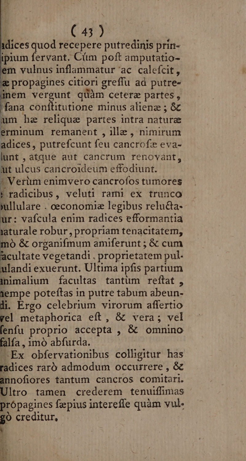 idices quod recepere putredinis prin- ipium fervant. Cüm poft amputatio- m vulnus inflammatur ac calefcit, ge propagines citiori greffu ad putre- inem vergunt quàm cetera partes, fana conítitutione minus aliene ; &amp; um he relique partes intra natura erminum remanent , ille , nimirum adices, putrefcunt feu cancrofee eva- lunt , atque aut cancrum renovant, ut ulcus cancroideum effodiunt. ; Verim enimvero cancrofos tumores : radicibus, veluti rami ex trunco »ullulare . eeconomie legibus relu&amp;ta-- ur: vafcula enim radices efformantia jaturale robur , propriam tenacitatem, mó &amp; organifmum amiferunt ; &amp; cum acultate vegetandi . proprietatem pul. ulandi exuerunt. Ultima ipfis partium inimalium facultas tantum reftat , 1empe poteftas in putre tabum abeun- li. Ergo celebrium virorum affertio gel metaphorica eft, &amp; vera; vel fenfu proprio accepta , &amp; omnino falfa , 1mó abfurda. —Ex obfervationibus colligitur has radices raró admodum occurrere , &amp; annofiores tantum cancros comitari, Ultro tamen crederem tenuiffimas própagines fzpius intereffe quàm vul go creditur,