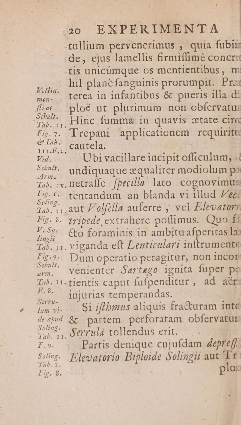 ^ H 20 EXPERIMENTA tullium pervenerimus , quia fubir de, ejus lamellis firmiffimé concrr: tis unicümque os mentientibus, m Qe hil planéfanguinis prorumpit. Pros »». . terea in infantibus &amp; pueris illa di fat .ploé ut plurimum. non obfervatu: PPM Hinc fumma. in quavis xtate cir« Fij.7. 'Irepani applicationem requiritu ueeM c I; «à. b e. . » . - Vig. Ubi vacillare incipit ofliculum, || Scbult. 24^ undiquaque zqualiter modiolum p» JIVIHB. T E . 1». iv. Detraffe fpecillo lato cognovimun den |. tentandum an blanda vi illud Zeét QUPD, 14). aut J/olftlla auferre , vel Elevatorr Fig.9. frjpede extrahere poffimus. Quo f! Duda &amp;o foraminis in ambitu afperitas la: . Tab. 11. Viganda eft Lenticulari inftrumente SUED: Dum operatio peragitur, non incor ^». venienter Sartago ignita fuper pa Tub. 11. tjentis caput fufpenditur, ad aer: 2, Hnurias temperandas. Ed jm vi... Si iftius aliquis fra&amp;uram 1nt« Eu. &amp; partem perforatam obfervatur us, Serulà tollendus erit. F.9. Partis denique cujufdam Zepreff. Se. Elevaterio Bipleide Solingii aut Tr I » : s. ) plo: