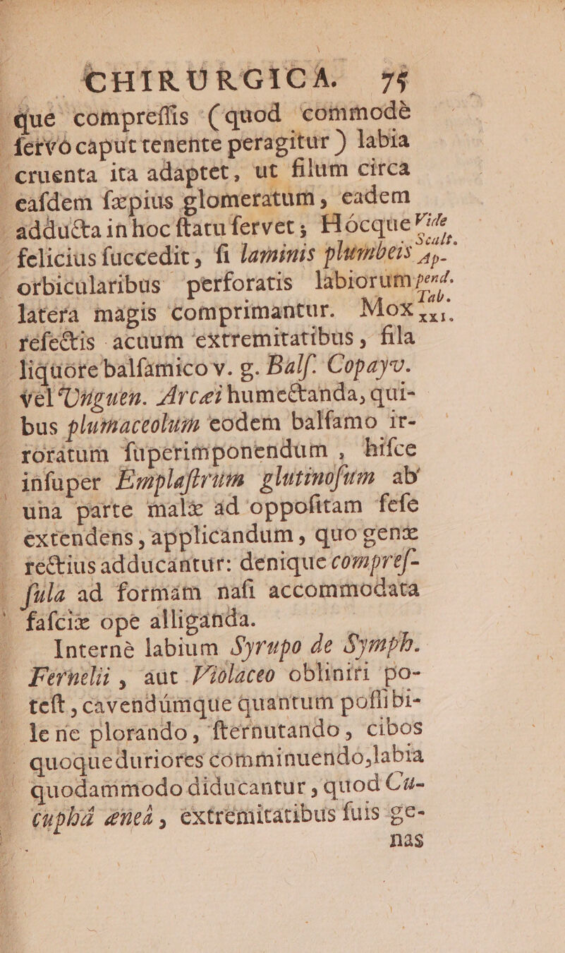 -due comprefüis (quod commode Áervó caput tenente peragitur ) labia cruenta ita adaptet, ut filum circa - eafdem fxpius glomeratum , eadem - addu&amp;ta in hoc ftatufervet ; Hócque?7* - felicius fuccedit, fi laminis phembeis 3. orbicularibus perforatis labiorumye. .latéra magis comprimantur. Mox1^ | réfe&amp;is acuum extremitatibus , fila - liquore balfamico v. g. Balf- Copayv. - vel Onguen. Arceihumectanda, qui- bus plumaceoluzi eodem balfamo ir- roratum füpcrimponendum , hifce infuper Émplafirum. glutimofum. ab una parte malr àd oppofitam fefe . extendens , applicandum , quo genz - fé&amp;ius adducantur: denique comprt]- - fula ad formam nafi accommodata ' fafciz ope alliganda. .. Interne labium $yrupo de Symphb. - Feruelii , aut .Piolaceo obliniri po- . teft; cavend'imque quantum poflibi- -. lerie plorando,, fternutando, cibos ? quoqueduriores comminuendo,labia |» quodam modo diducantur ; quod Ca- - ceuphba éheá, extremitatibus fuis ge- nas ! l 1