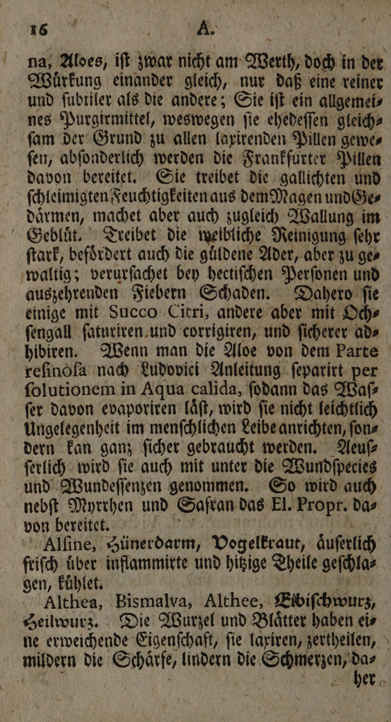 i ir e e — Wuͤrkung einander gleich, nur daß eine reiner und fubriler als die andere; Sie iſt ein allgemei⸗ nes Purgirmittel, weswegen ſie ehedeſſen gleich⸗ ſam der Grund zu allen laxirenden Pillen gewe⸗ ſen, abſonderlich werden die Frankfurter Pillen davon bereitet. Sie treibet die gallichten und ſchleimigten Feuchtigkeiten aus dem Magen undGe⸗ Gebluͤt. Treibet die weibliche Reinigung ſehr ſtark, befoͤrdert auch die guͤldene Ader, aber zu ge⸗ waltig; verurſachet bey hectiſchen Perſonen und auszehrenden Fiebern Schaden. Dahero ſie einige mit Succo Citri, andere aber mit Och⸗ ſengall ſaturiren und corrigiren, und ſicherer ad⸗ hibiren. Wenn man die Aloe von dem Parte reſinoſa nach Ludovici Anleitung ſeparirt per ſolutionem in Aqua calida, ſodann das Waſ⸗ ſer davon evaporiren laͤſt, wird ſie nicht leichtlich Ungelegenheit im menſchlichen Leibe anrichten, ſon⸗ dern kan ganz ſicher gebraucht werden. Aeuſ⸗ ſerlich wird ſie auch mit unter die Wundſpecies und Wundeſſenzen genommen. So wird auch nebſt Myrrhen und Safran das El. Propr. da⸗ von bereitet. W e ui AN friſch uͤber inflammirte und hitzige Theile geſchla⸗ gen, kuͤhlet. Wa | Althea, Bismalva, Althee, Eibiſchwurz, cHeilwurz. Die Wurzel und Blätter haben eis \ mildern die Scharfe, lindern eee a —