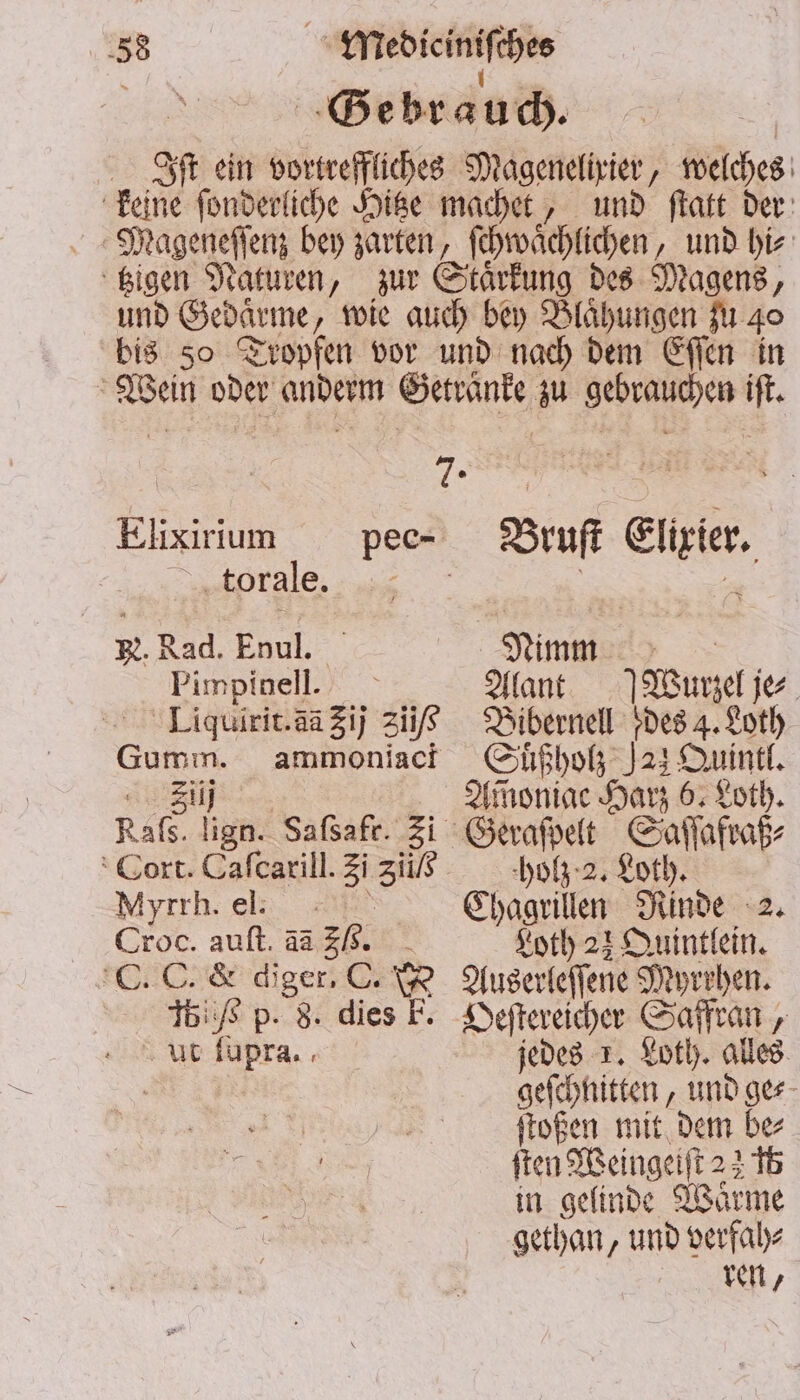 1 1% Zu Iſt ein vortreffliches Magenelixier, welches keine ſonderliche Hitze machet „ und ſtatt der Mageneſſenz bey zarten, ſchwaͤchlichen „und hi⸗ tzigen Naturen, zur Staͤrkung des Magens, und Gedaͤrme, wie auch bey Blähungen zu 40 bis 50 Tropfen vor und nach dem Eſſen in Wein oder anderm Getränke zu gebrauchen iſt. N ü Elixirium pec- Bruſt Elixier. eee ER er R. Rad. Enul. Nimm Pimpinell. Alant Wurzel je⸗ Liquixit. aa ij ziß Bibernell (des 4. Loth Br ammoniacd Suͤßholz J23 Quintl. | Amoniae Harz 6. Loth. Nals lie Saſsafr. 51 Geraſpelt Wasen Cort. Caſcarill. 3i ziiſs holz 2. Loth. Myrrh. el.. Chagrillen Rinde 2. Croc. auſt. ãã 56. Loth 23 Quintlein. C. C. &amp; diger, C. W Auserleſſene Myrrhen. 5 , p. 8. dies . Oeſtereicher Saffran, ut rst jedes 1. Loth. alles geſchnitten, und ge⸗ ſtoßen mit dem be⸗ ken Weingeiſt⸗ 2276 in gelinde Wärme gethan, und verfah⸗ ren,