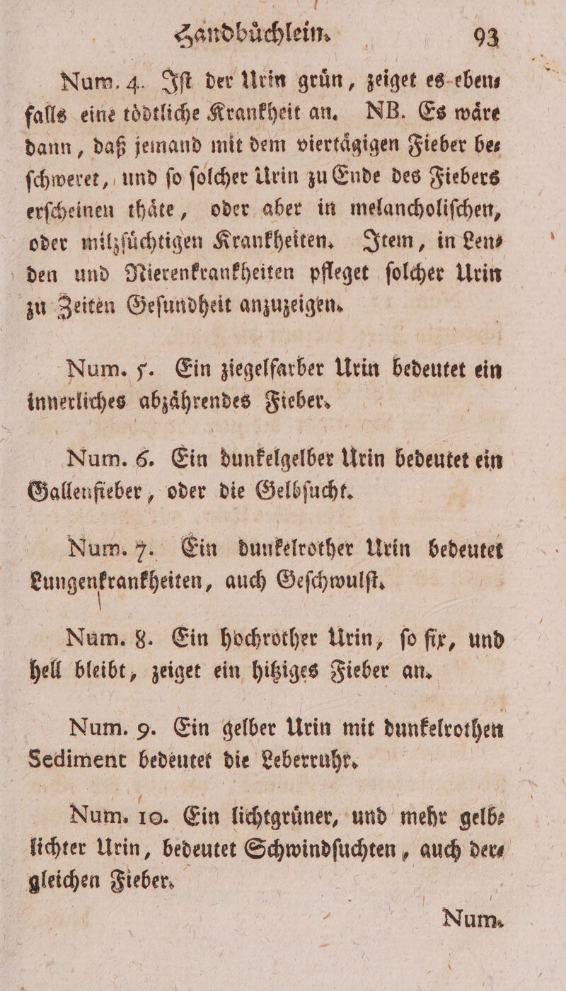 Num. 4. Iſt der Urin grün, zeiget es eben— falls eine toͤdtliche Krankheit an. NB. Es wäre dann, daß jemand mit dem viertägigen Fieber ber ſchweret, und ſo ſolcher Urin zu Ende des Fiebers erſcheinen thaͤte, oder aber in melancholifchen, oder milzſuͤchtigen Krankheiten. Item, in Lens den und Nierenkrankheiten pfleget ſolcher Urin zu Zeiten Geſundheit anzuzeigen. Num. 5. Ein ziegelfarber Urin bedeutet ein imeniche n Fieber. Num. 6. Ein dunkelgelber Urin bedeutet ein Gallenfieber, oder die Gelbſucht. Num. 7. Ein dunkelrother Urin bedeutet ii ie auch Geſchwulſt. Num. 8. Ein hochrother Urin, ſo ſix, und hell bleibt, zeiget ein hitziges Fieber an. Num. 9. Ein gelber Urin mit dunkelrothen Sediment bedeutet die Leberruhr. Num. 10. Ein lichtgruͤner, und mehr gelb⸗ | lichter Urin, bedeutet Schwindſuchten, auch der⸗ gleichen Fieber.