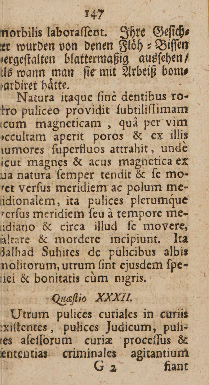 dq4* ! norbilis laboraffent. jbte Gvfids tt vvurDen von bene (Sl5b z S5iffers »éraeftalten bfattermafig augfeben/ 'arbítet bátte. ptas Naiura itaque fine dentibus ro- (»ccultam aperit poros &amp; ex illis iumores 'fuperfluos attrahit, unde icut magnes &amp; acus magnetica ex da natura femper tendit &amp; fe mo- ret verfus meridiem ac polum me- idionalem, ita pulices plerumque rerfus meridiem feu à tempore me- idiano &amp; circa illud fe movere, Jalhad Suhites de pulicibus albis nolitorum, utrum fint ejusdem fpe- iei &amp; bonitatis cum nigris. - vQuaflio XXXII. Xiftentes, pulices Judicum, puli: es afefforum | curi proceius &amp; GS fiant | | | | | |