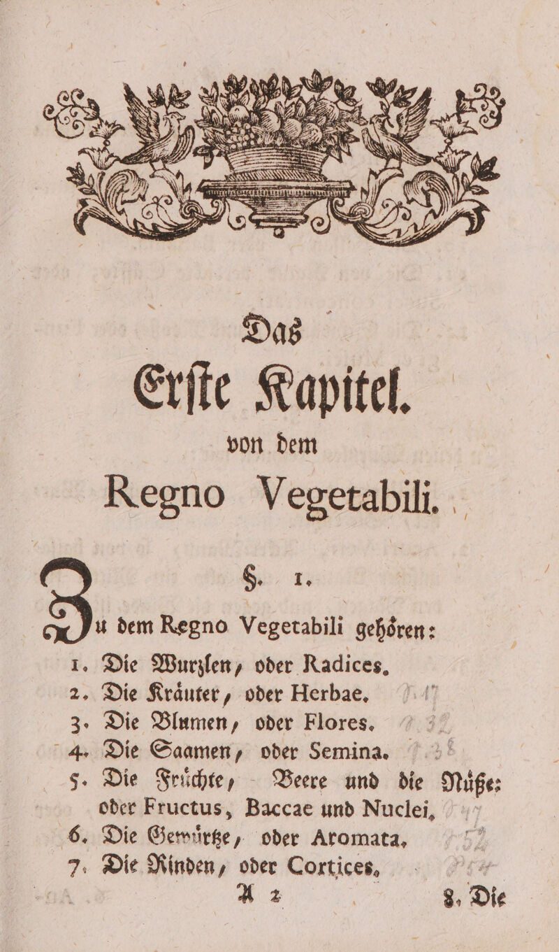 HA Ar, 3) An 1 EL IRA N BE a W AR, B Bi 1 u dem Regno Vegetabili gehören: I. Die Wurzlen, oder Radices, 2. Die Kräuter, oder Herbae, 3. Die Blumen, oder Flores. 4 Die Saamen, oder Semina, 5. Die Sröchte, - Deere und die Nüße: oder Fructus, Baccae und Nuclei, 6. Die Germirge, oder Aromata, 7. Die Ninden, oder Corticee, Az | 8. Die