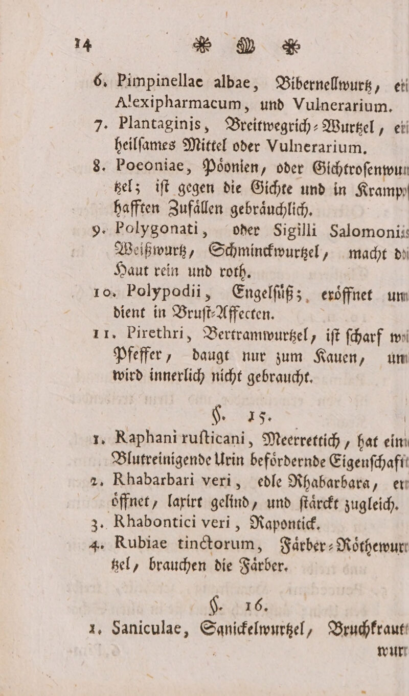 6, Pimpinellae albae, Bibernellwurk, ei Alexipharmacum, und Vulnerarium. 7. Plantaginis, Breitwegrich- Wurgel, eti heilfames Mittel oder Vulnerarium., 8. Poeoniae, Pöonien, oder Gichtrofenmun Bel; ft gegen die Gichte und in Krampı hafften Zufallen gebräuchlich, | 9. Polygonati, oher Sigilli Salomonii: Beißwurk, Schmindfwurgel, madıt di Haut rein und roth. | 10, Polypodii, Engelfüßz;, eröffnet um dient in Bruft-Affecten. ı1. Pirethri, Bertrammurgel, ift fharf mi Pfeffer, dauge nur zum Kauen, um wird innerlich nicht gebraucht, ge 25. | 1, Raphanirufticani, Meerrettich, har ein Blutreinigende Urin befördernde Eigenfcafit 2, Rhabarbari veri, edle Rhabarbara, er öffnet, larire gelind, und färct zugleich. 34 Rhabontici veri, Napontid. 4. Rubiae tindtorum, Färber- Nörhemurt Bel, brauchen die Särber. | 2.426; x. Saniculae, Sanicelmurkel, Bruchfraut | | wur