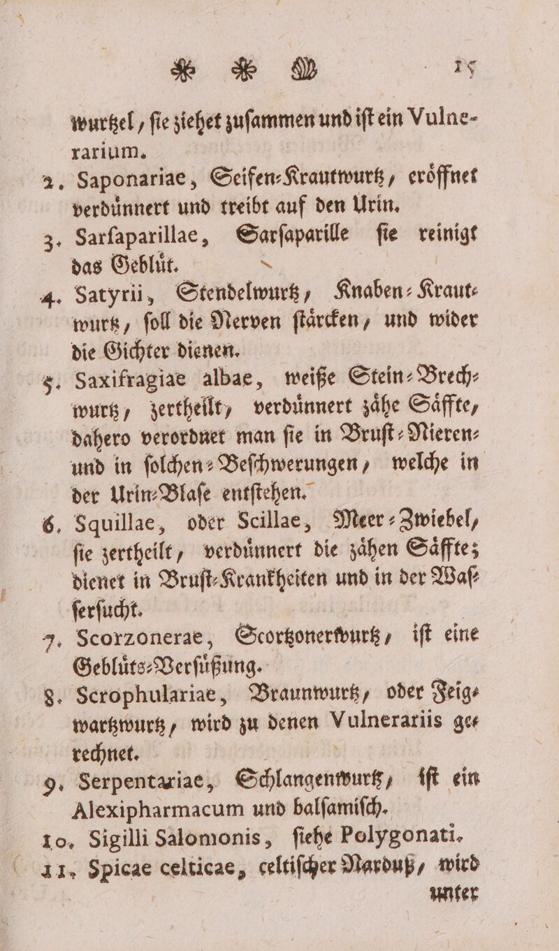 *& $ u weurkel, fie ziehet zufammen und iftein Vulae- rariım. 3. Saponariae, Geifen-Kraufmwurk, eröffnet verdünnert und treibt auf den Urin. 3, Sarfaparillae, Garfaparille fie reinigt das Gebhit. N 4. Satyrü, Stendelwurß, Knaben: Kraut mwurk, foll die Nerven flärefen, und wider die Gichter dienen. 8, Saxifragiae albae, meiße Stein-Bred; wur, zertheile, verdinnert zähe Säfte, dahero verordnet man fie in Bruft-Mieren- und in foldhen: Befrhwerungen, melde in der Urin: Blafe entfichen. 6. Squillae, oder Scillae, Meer + Zwiebel, fie zertheile, werdiinnert die zähen Säffte; dienet in Bruft- Krankheiten und in der Wal ferfucht. | | 7. Scorzonerae, &corgonerfonrß, ift eine Geblürs: Berfüßung. 8. Serophulariae, DBraunmwurk, oder Feigs mwargmwurg, tird zu denen Vulnerariis ger rechnet. | 9, Serpentariae, Gclangentsurk, ft ein Alexipharmacum und balfamifdh. 10, Sigilli Salomonis, fiehe Polygonati. 11, Spicae celticae, celtifcher Mardup, wird | unter