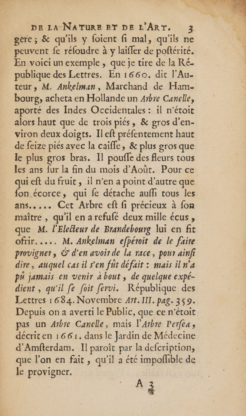 gere; &amp; qu'ils y foient fi mal, qu'ils ne peuvent fe réfoudre à y laifler de poftérité. En voici un exemple , que je tire de la Ré. publique des Lettres. En 1660. dit l'Au- teur, M. Ankelman, Marchand de Ham- bourg, acheta en Hollande un 4rbre Canelle, aporté des Indes Occidentales : 1l n’étoit alors haut que de trois piés, &amp; gros d’en- viron deux doigts. Il eft préfentement haut de feize piés avec la caifle, &amp; plus gros que le plus gros bras. 11 poufle des fleurs tous les ans fur la fin du mois d’Aoùût. Pour ce qui eft du fruit , il n’en a point d'autre que fon écorce, qui fe détache aufi tous les ans..... Cet Arbre eft fi précieux à fon maître , qu'il en a refufé deux mille écus , que M. l'Eletteur de Brandebourg lui en fit ofrir..... M. Ankelman efpéroit de le faire provigner, © d’en avoir de la race, pour ainfi dire, auquel cas il s'en fut défait : mais il n'a pu jamais en venir à bout , de quelque expé- dient , qu'il fe foit fervi. République des Lettres 1684. Novembre Art. III. pag. 359. Depuis on a averti le Public, que ce n’étoit pas un Aïbre Canelle, mais l'arbre Perfea, décrit en 1661. dans le Jardin de Médecine _d'Amfterdam. Il paroît par la defcription, que l’on en fait , qu’il a été impofhble de le provigner. | À 3