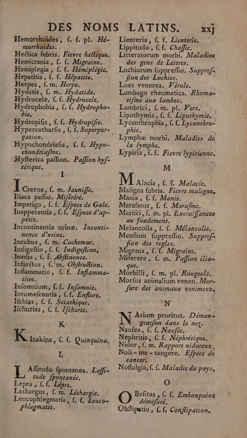 Hemorrhoïdes, f. f. pl. Hé- morrhoïdes. ; Hedica febris. Fievre heétique. Hemicrania , f. {. Migraine. Hemiplegia , f. f. Hémiplégie, Hepatitis, {. f. Hépatite. Herpes, {. m. Herpe. Hydatis, f. m. Hydatide. Hydrocele, f. f. Hydrocele. 1 orge {. {. Hydropho- ie. Hydropifis, {. f. Hydropifie. gation. Hypochondriafs, f. f, Hypo- chondriafme. ‘Hyferica paflion. Paffion hyf- térique, OS | I Cterus, f. m. Jauniffe. Iliaca pañio. Miféréré. Impetigo , f. f. Efpece de Gale. Inappetentia , {.f. Efpece d’ap- petit. Incontinentia urine. Inconti- nence d’urine, - Incubus, f. m. Cochemar. Indigeftio , . f. Indigeftion, Inedia , {. f. Abflinence. Infar@us , {'m. Obffruétion, Inflammatio, {. f. Inflamma- tion. Infomnium, {.f. Infomnie. Intumefcentia , f. f. Enflure. Ifchias, f. f. Sciathique, Jfchurias, {. f. Z/churie. CAR : 4 K Inakina, { f. Quinquina. À L L Affitudo fpontanea, Laffi- tude fpontanée, Lepras,:{. f, Lépre, Lethargus, f. m. Léthargie. Leucophlegmatia , f, f, Leuco- phlegmatie, XX} Lienteria, {. f. Lienterie, Lippitudo , f.f. Chaffie. Litteratorum morbi. Maladies des gens de Lettres. Lochiorum fuppreffio. Suppref= fon des Lochies. Lues venerea. Vérole. Lumbago rheumatiça. Rhuma= tifme aux lombes. Lumbrici, f.m. pl. Wers. Lipothymia , {. f. Liporhymie. Lycanthrophia, f. f, Lycanthro- phie. Lymphæ morbi. Maladies de la lymphe. Lypiria,[.f. Fievre lypirienne, M M Alacia , f, f, Malacie. Maligna febris. Fievre maligne. Mania , f.f. Manie. Marafmus, f. f. Marafine. Marifci,f. m.pl. Excroiffances au fondement. Melancolia , f. f. Mélancolie. Menfium fupprefio. Suppref= fion des regles. Migrana, ff. Migraine. Miferere , {. m. Paffion ilia- que. Morbilli, f. m. pl. Rougeole. Morfus animalium venen. Mor- Jure des animaux YERÉMEUX, °N N Arium pruritus. Déman= gearfon dans le nez. Naufea, f. f. Naufée. A rie {. f. Néphrétique. Nidor,f. m. Rapport nidoreux. Noli-me-tangere. E/pece de cancer. Noftalgia, f. f. Maladie du pays. O O Befitas , (. f, Embonpoine démefuré. Obftipatio SES Conflipation,