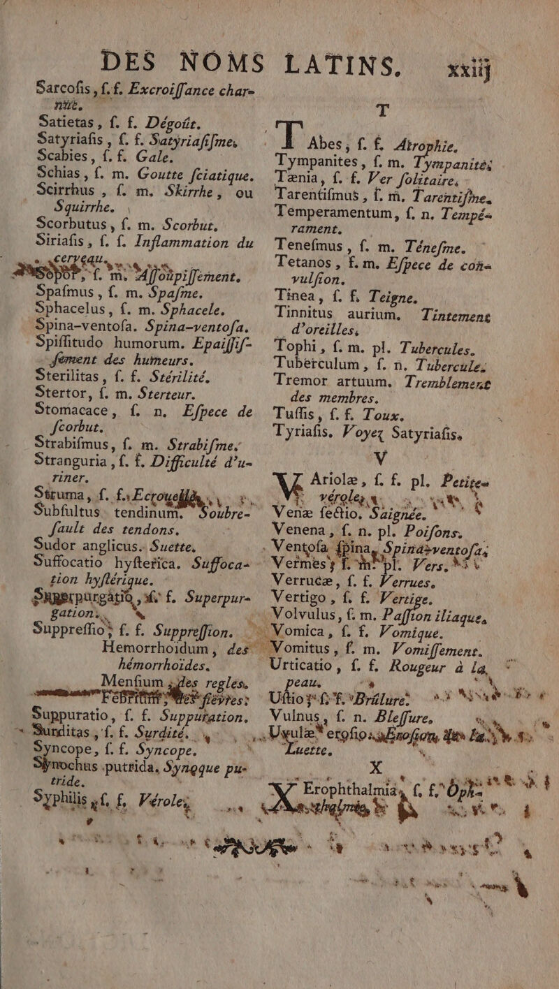 DES NOMS LATINS. xxi Sarcofis, f.f. Excroiffance char= RE, T Satietas, f. f. Dégoir. T Satyriafis , { f. Satyriafifme, Abes, ff. Atrophie. Scabies, {.f. Gale. Tympanites, f. m. ae Schias , f. m. Goutte [ciatique. Tænia, {. £ Ver Joltaire. Scirrhus , {. m. Skirrhe, ou Tarentifmus , Î{. m. Tarentifme, Squirrhe. Temperamentum, f. n. Tempé= Scorbutus, f. m. Scorbut. rament. Siriafis, {. f. Inflammation du Tenefmus » f. m. Ténefine. MATE SU | Tetanos , f.m. Efhece de con ANS Re T M. Mfoñpiffémenc. cu ; L me vulfion. Spafmus , {. m. Spa/ne. Tinea, f. f, Teigne. Sphacelus, {. m. Sphacele. Tinnitus aurium. Tintemenc Spina-ventofa. Spina-ventofa. _ doreilles, Spifitudo humorum. Epaiffif- Tophi, f. m. pl. Tubercules. Jernent des humeurs. Tuberculum, f. n. Tubercule: Sterilitas, {. f. Srérilité. Tremor artuum. Tremblemert Stertor, {. m. Srerteur. des membres. Stomacace, f. n. Efpece de Tufis, f. f. Toux. | x fcorbut. Tyriafs. Voyez Satyriafs. $ Strabifmus, f. m. Srrabifme. v Stranguria , f. Ê. Difficulté d’u- : riner, AE 9 EN pl. Peri C= Struma, f. f:Ecrouellæ x. VS vérolez «. RUES à Subfultus tendres EE Venæ fe&amp;io. S'aignée. ‘ fault des tendons. 3 Venena, f. n. pl. Poifons. ; Sudor anglicus. Suette, y Ventofa fPina, Spirdrventofz, Suffocatio hyfterica. Suffoca: - Vermes} [. mn! pl. Vers, NS \ tion hyflérique. Von à ë 4 errues. S urgatio , f. Superpur- ertigo , f, f. Wercige. 775 * H1Q, # PSP Moivalue, {, m. PURE iliaque, NS | Supprefio f. f. Supprefion. ‘* Momica, £ f. V. omique. _ Rein nt D des” Vomitus, f. m. 74 omiflement. hémorrhoïdes. Urticatio, f. f Rougeur à La, Menfium ses regles. peau a,  *e Te CU me Pr M Uftio y £'f. ne 7 va de à Suppuratio, {. f. Supputation. Vulnus, f. n. Bleffure, in le à Suites, £. Surdiré. 4: |, que erpfionsfrofon di eh ss Syncope, {. f. Syncope. à Leïte. | % hrs putrida. Syngque pu- tride. d x ue QE # + r Ca “5 it à “a, À e À VW Erophthalmias (. f'Ophs x Ÿ * \. | * D 3 ‘ Le Xe Ÿ 7 : \ F3 AE a ct ie 4. EX # M 4: 62 4 “3 + : x de Joué 8 É 4 A4 ui PEN gs &amp; Ua &amp; LS N