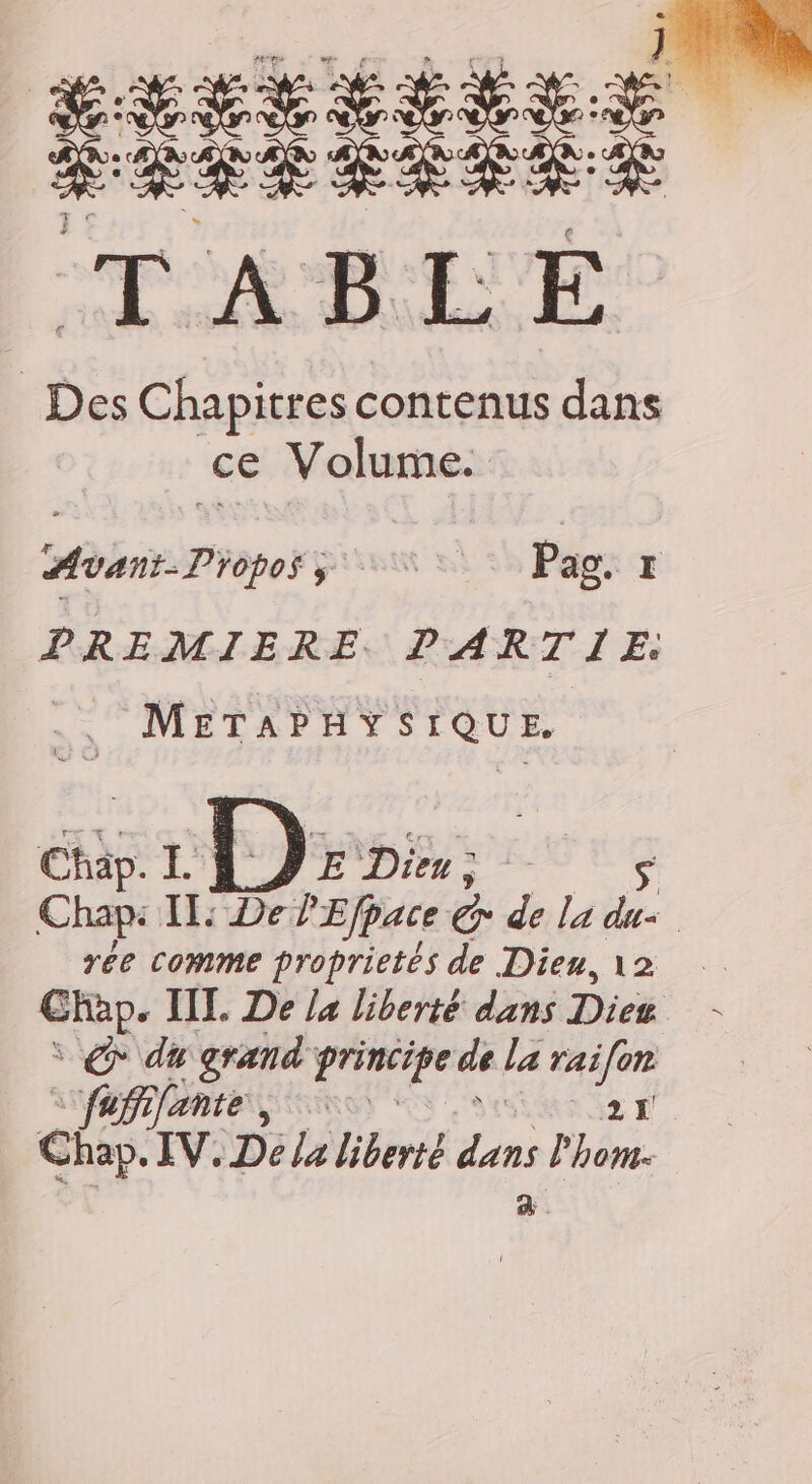 # TABLE Des Chapitres contenus dans ce Volume. Avant-Diopos ÿ Pag. I PREMIERE PARTIE. METAPHYSIQUE. Chap. L'ÉLJE Dieu, S Chap: IE: De l'Efpace Ge de la du: rée comme proprietés de Dien,12 Chap. IIL De La liberté dans Diez * © du grand principe de La raifon SPP RME ER) AN ete 2 D. Chap. IV. Dela liberté dans l'hom- à