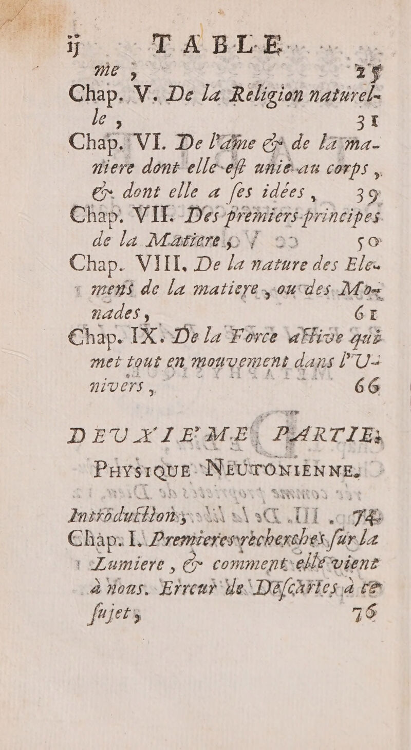 me ; RL $ Ch.” v. De la Religion naturel= le , 31 Chap. VI De line € de lama. niere dont elle-eff anie.an corps , en. dont celle a fes idées, 39 Chap. VIE Des premiers Prinéipes de la Mariere gp Ÿ 22 s © Chap. VIII, De la nature des Eles : mens de la matiere oudes. Mo nadess 61 Chap. IX De la Force Five guë mel fout en Movement dans PU: nÉVETS , ae RE 1 DEUXIEME PARTIE Pays 1 Nero 4 « PRE Anis Th : 72 Si EL pe mr fe La :«Lumiere, Comment elle: vient à ons, Erreur de Defcxiles à Pal fujets 76