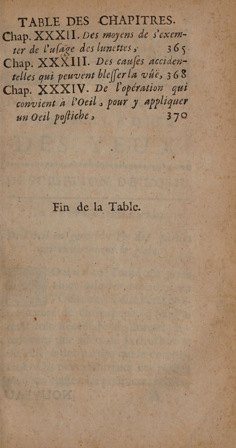 » TABLE DES CCHAPITRES. - Chap. XX XII. Des moyens de s'exem- ser de l'ulage des lumittess 366$. Chap. XX XIII. Des caufes acciden- telles qui peuvent bleff erla vhë, 368 Chap. XXXIV. De l'opération qui convient à L'Oeil; pour 7 appliquer un Oeil poffiche ; R 370 Fin de la Table.