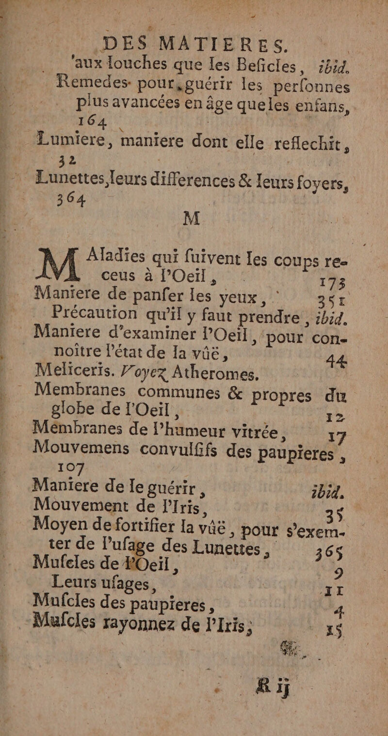 DES MATIERES. ‘aux louches que les Beficles, ibid, . Remedes pour guérir les perfonnes plus avancées en âge queles enfans, 164 Lumiere, maniere dont elle reflechit, 32 | 364 RME M Aladies qui fuivent Ies COUPS res ceus à l’Oeïl, : 173 Mantere de panfer les YEUX , 351 Précaution qu’il y faut prendre , ibid. noïtre l'état de Ia vüé, 44 Melicerïs. Voyez Atheromes. globe de l'Oeiïl, NE Mouvemens convulfifs des paupieres , 107 Maniere de Ie guérir, ibid, Mouvement de lPIris, 3$ Moyen de fortifier la vûë , pour s’exem- ter de lufage des Lunettes À 365 Mufeles de Oeil, # 9 Leurs ufages, | T4: Mufcles des paupieres, 4 -Mufcles rayonnez de lIris 35 PNR (a &amp;ij