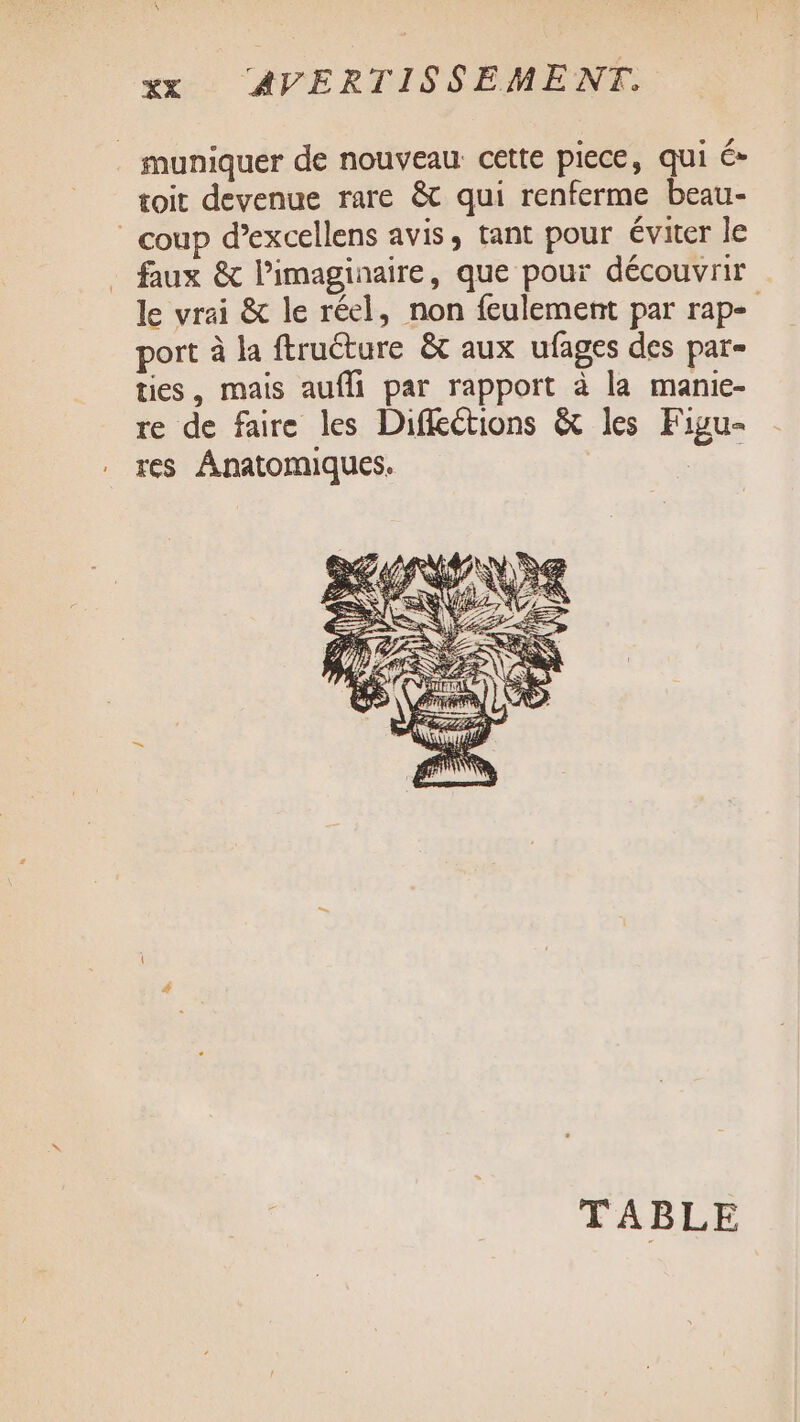 muniquer de nouveau cette piece, qui € toit devenue rare &amp; qui renferme beau- | coup d’excellens avis, tant pour éviter le faux &amp; limaginaire, que pouï découvrir le vrai &amp; le réel, non feulement par rap- port à la ftruéture &amp;t aux ufages des par- ties, mais aufli par rapport à la manie- re de faire les Diffections &amp; les Figu- res Anatomiques. TABLE