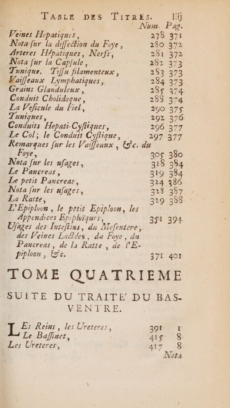 nr he Num. Pag. Veines Hepatiques, 278 371 Nota fur la diffeétion du Foye 2$0 372 Arieres Hépatiques, Nerfs, 281 372 Nota fur la Capfule, 262 2372 Tunique. Tiffn filamentenx , 268973 Vaifleaux Lymphatiques, 284 373. Grains Glanduleux, 285$ 374 Conduit Cholidogue, 288 374 La Veficule du Le) 3 290 375$ uniques, 20% 370: Conduits Hepati Cyfliques, 296 377 Le Col; le Conduit Cyflique, 297377 Remarques [ur les Vaifleaux , ES c. du oye, 30$ 380 Nora fur les nfages, 318 334 Le Pancress, 319 334 Le petit Pancreas, 324 386 Nota fur les ufages, Ge SO 7: La Ruite, 329 388. : L'Epiploon , le petit Epiploon, les Appendices Epiploïques, 351 394 Ufages des Inteftins, du Mefentere, des Veines Lactées, da Foye, du Pancreas, de l3 Ratte , de V’E- Piploon, Te. 371 4OI MENTRE: Tr Es Reis, les Ureteres, + Le Baflinet, Les Ureteres,
