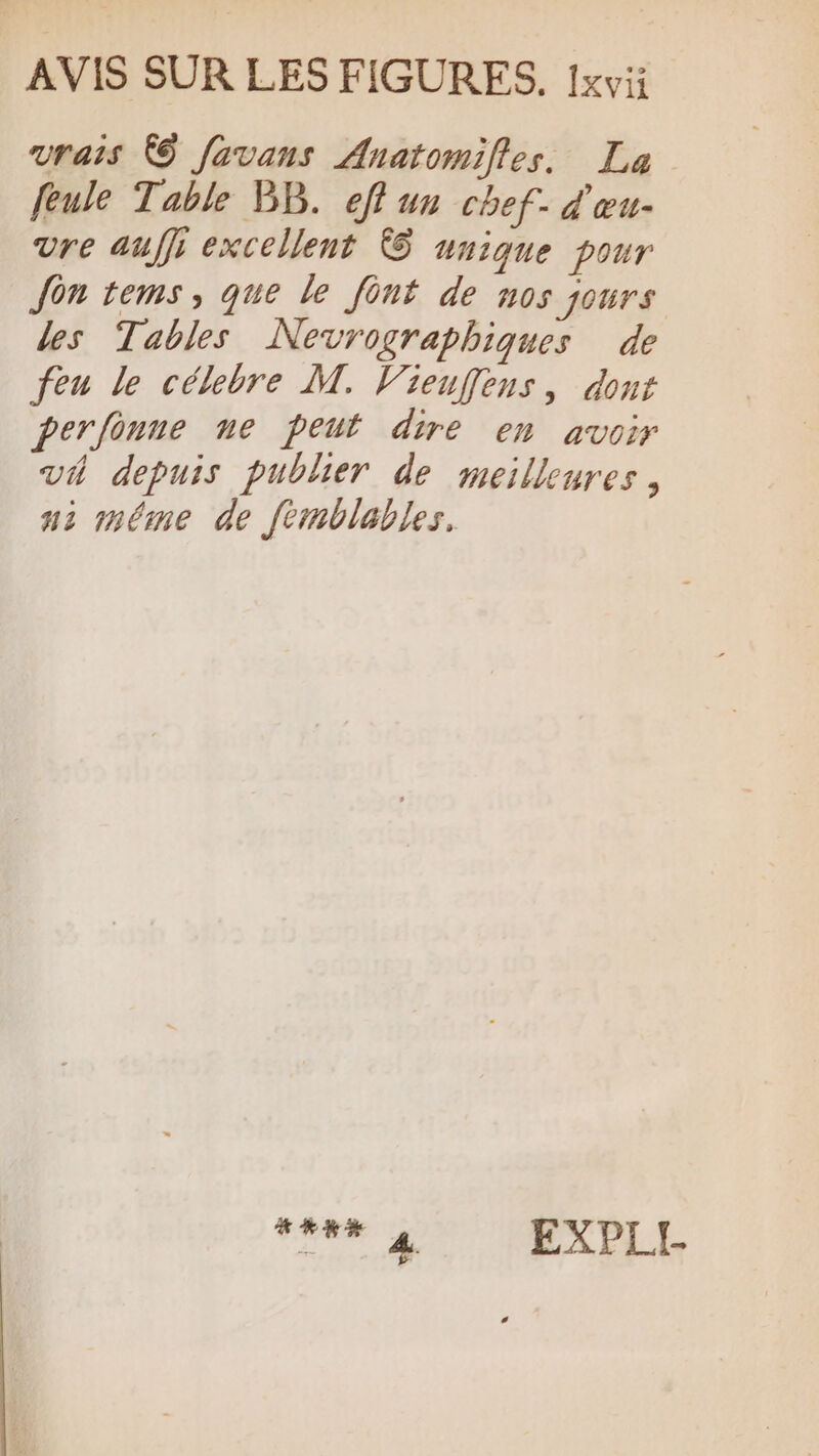 vrais © favans Anatomifles. La feule Table BB. efl un chef- d'œu- vre auff; excellent © unique pour Jon tems, que le font de nos jours les Tables Nevrographiques de feu le célebre M. Vieuffens, dont perfonne ne peut dire en avoir vh depuis publier de meilleures, ui méme de fémblables, OA EXPLI-