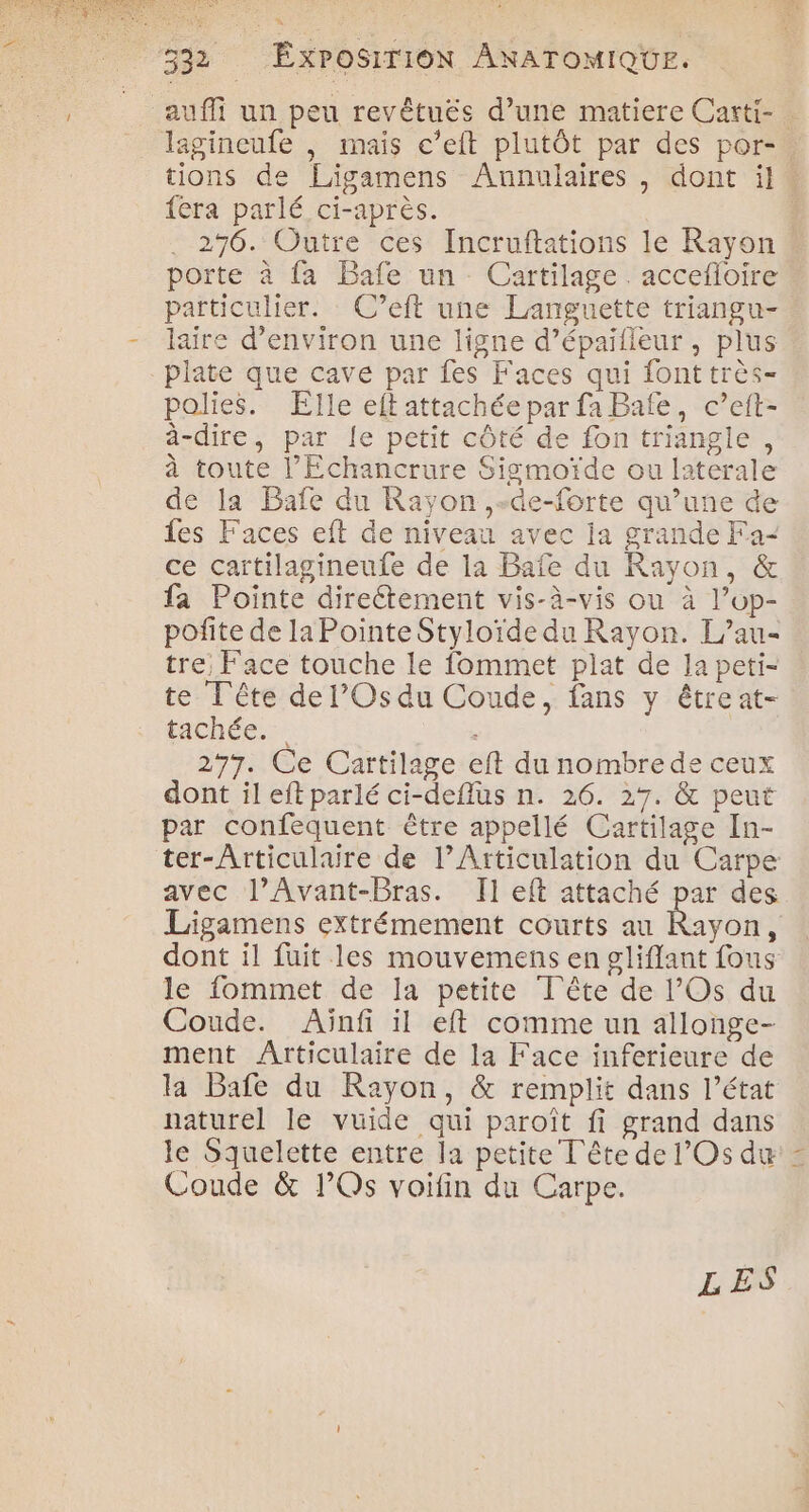 auf un peu revêtuëés d’une matiere Carti- . lagineufe |, mais c’eit plutôt par des por-. tions de Ligamens Annulaires, dont il fera parlé ci-après. . 276. Outre ces Incruftations le Rayon porte à {a Bafe un Cartilage accefloire particulier. C’eft une Languette triangu- laire d'environ une ligne d’épaifleur , plus plate que cave par fes Faces qui fonttrès- polies. Elle eft attachée par fa Bafe, c’eft- à-dire, par le petit côté de fon triangle, à toute l’Echancrure Sigmoïde ou laterale de la Bafe du Rayon ,-de-forte qu’une de fes Faces eft de niveau avec ja grande Fa- ce cartilagineufe de la Baïe du Rayon, &amp; fa Pointe directement vis-à-vis ou à l’op- poñite de la Pointe Styloïde du Rayon. L’au- tre; Face touche le fommet plat de la peti- te T'ête de l’Os du Coude, fans y étreat- tachée. 277. Ce Cartilage eft du nombre de ceux dont il eft parlé ci-deflus n. 26. 27. &amp; peut par confequent être appellé Cartilage In- ter-Articulaire de l’Aïticulation du Carpe: avec l’Avant-Bras. Il eft attaché par des Ligamens extrémement courts au Ravon Se dont il fuit les mouvemens en gliflant fous le fommet de la petite Tête de l’Os du Coude. Aünfi il eft comme un allonge- ment ÂArticulaire de la Face inferieure de la Bafe du Rayon, &amp; remplit dans l’état naturel le vuide qui paroît fi grand dans le Squelette entre la petite T'ête de l’Os du - Coude &amp; lOs voifin du Carpe. LES
