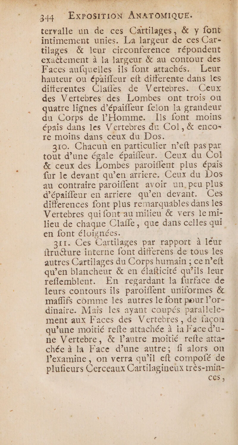 tervalle un de ces Caïrtilages, &amp; y font intimement unies. La largeur de ces Car- tilages &amp; leur circonference répondent exactement à la largeur &amp; au contour des Faces aufqueiles ils font attachés. Leur hauteur ou épaifleur eft differente dans les differentes Clafles de Vertebres. Ceux des Vertebres des Lombes ont trois ou quatre lignes d’épaifleur felon la grandeur du Corps de l'Homme. Ils font moins épais dans les Vertebres du Col, &amp; enco- re moins dans ceux du Dos. 310. Chacun en particulier meft pas par tout d’une égale épaifleur. Ceux du Col &amp; ceux des Lombes paroiïflent plus épais fur le devant qu’en arriere. Ceux du Dos au contraire paroïiflent avoir un, peu plus d’épaifleur en arriere qu’en devant. Ces differences font plus remarquables dans les Vertebres qui font au milieu &amp; vers le mi- en font éloignées. | 311. Ces Cartilages par rapport à leur ftructure interne font differèens de tous les autres Cartilages du Corps humain ; ce n’eft qu’en blancheur &amp; en élafticité qu’ils leur reflemblent. En regardant la furface de leurs contours ils paroïflent uniformes &amp; maflifs comme les autres le font pour l’or- dinaire. Mais les ayant coupés parallele- ment aux Faces des Vertebres, de façon qu’une moitié refte attachée à ia Face d’u- ne Vertebre, &amp; l’autre moitié refte atta- chée à la Face d’une autre; fi alors on l’examine, on verra qu’il eft compofé de plufieurs Cerceaux Cartilagineux très-min- CS;
